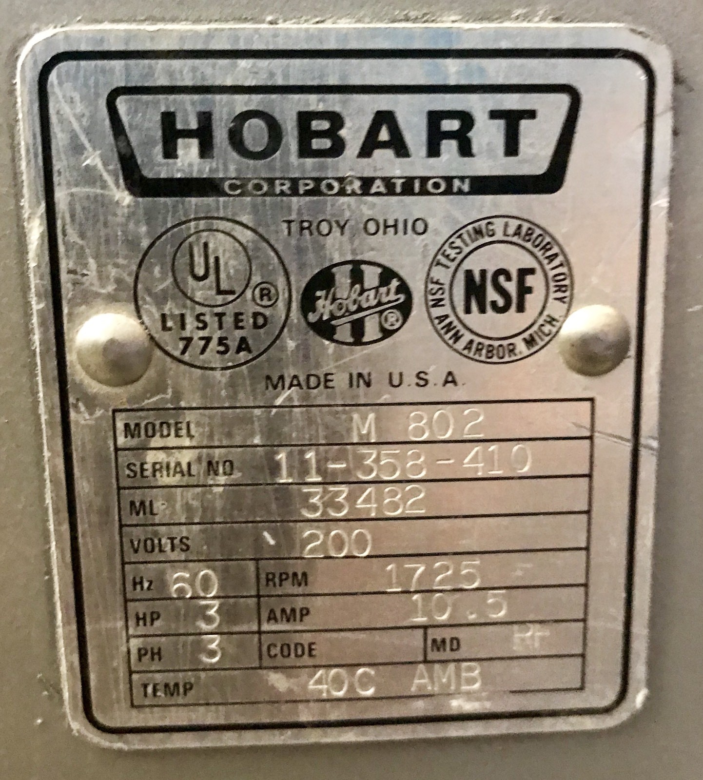 Hobart M802 comes With Stainless Bowl, Bowl Dolly and One Attachment