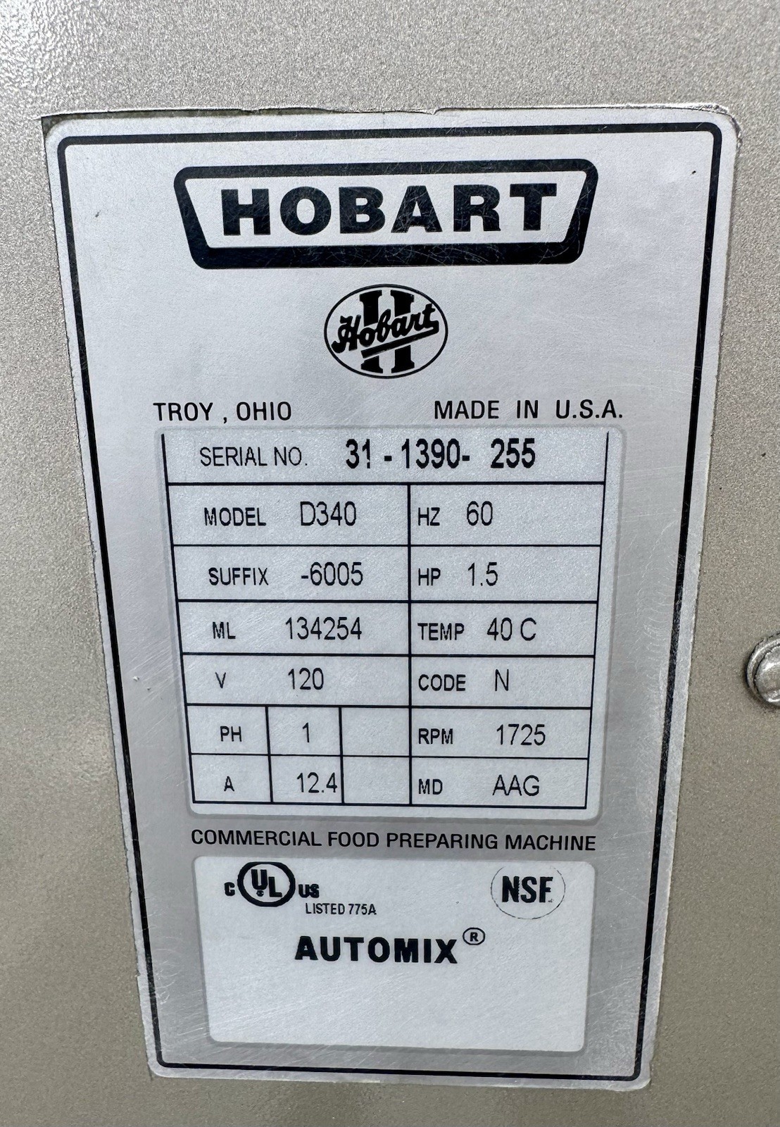 Hobart D340 40 qt Mixer Comes W SS Bowl And Hook 120 V