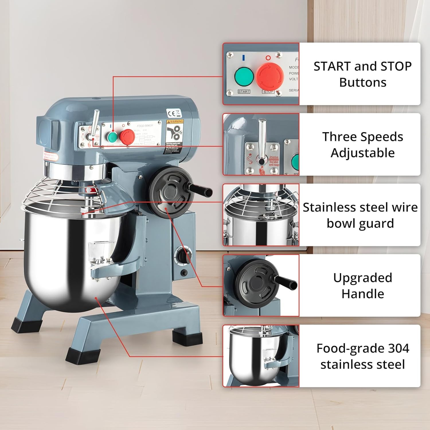 15 QT Commercial Food Mixer, 600W 3 Speeds Adjustable Electric Food Mixer