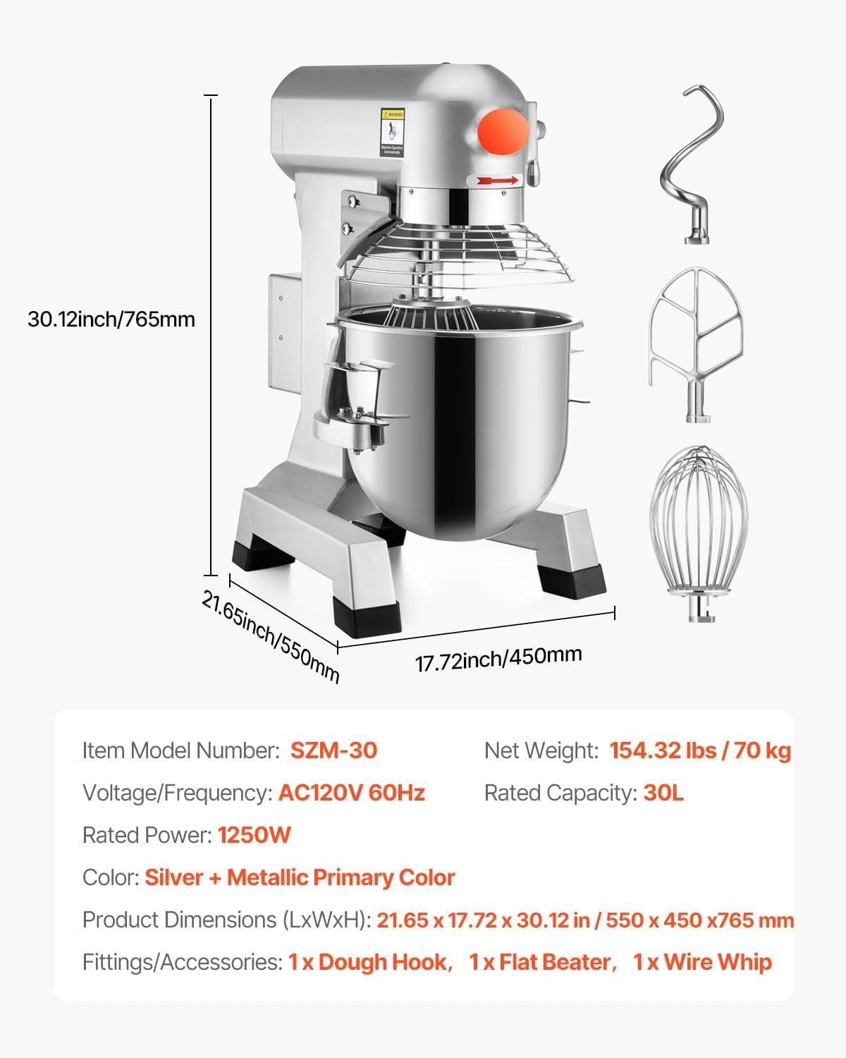High-Efficiency 30Qt Commercial Mixer with Safety Timer – Ideal for Heavy Dough