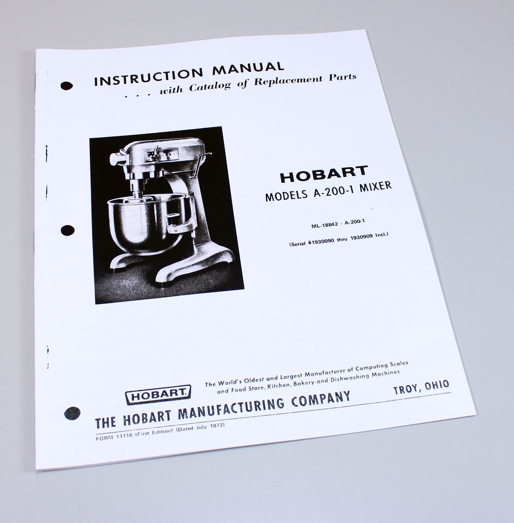 Hobart A200-1 Mixer Instructions Owners Operators Manual Parts Catalog