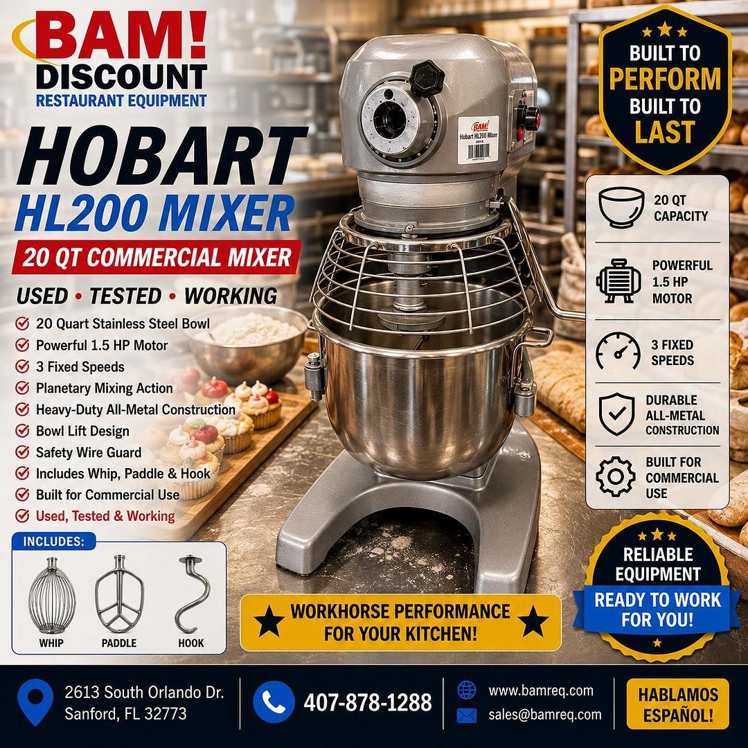 Hobart HL200 20 Qt Commercial Planetary Mixer w/ Bowl, Hook, Whip & Paddle