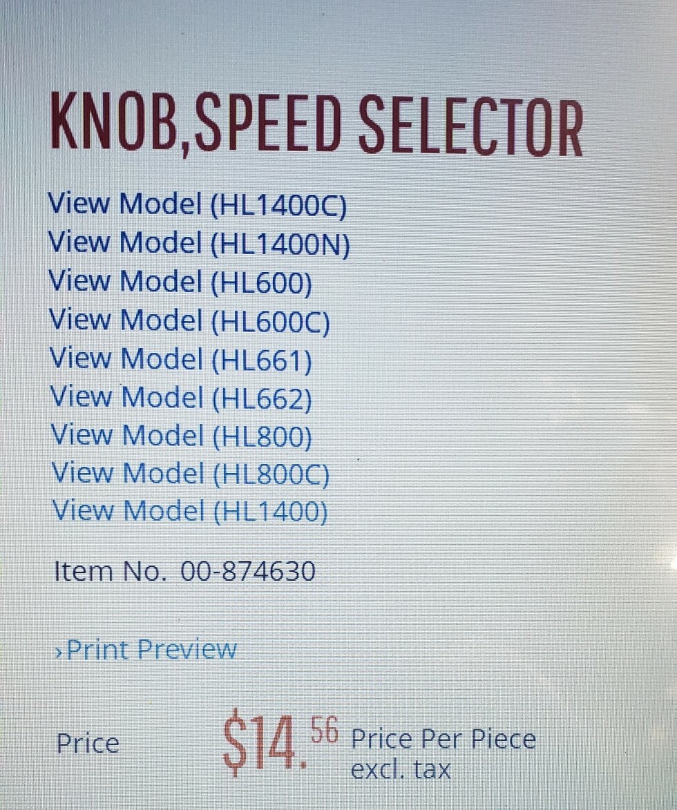 HOBART Legacy Mixer Timer Speed Knob 875724 874630 Models HL600 HL800 HL1400 662