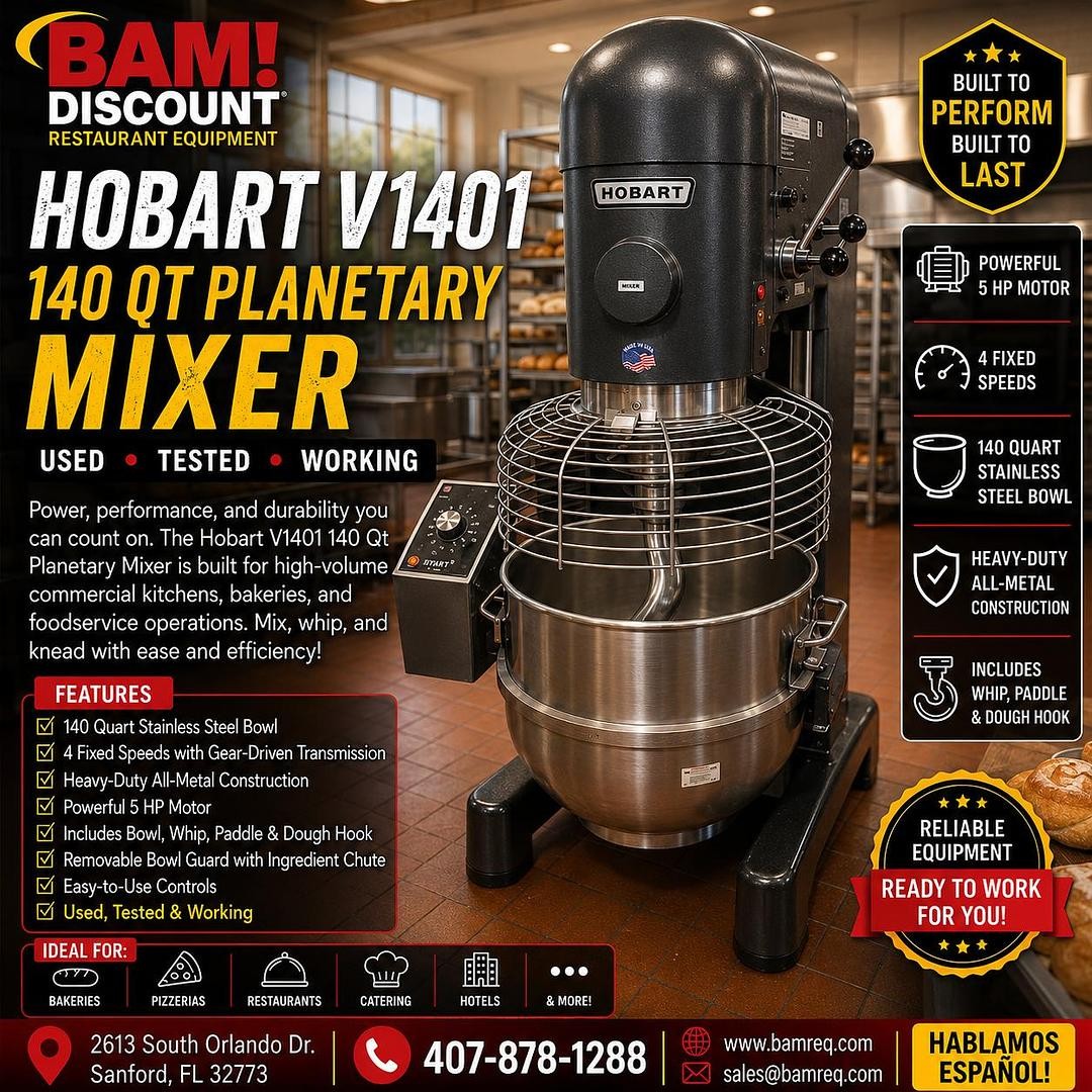 Hobart V1401 140 Qt Commercial Planetary Mixer w/ Bowl Guard & Attachments