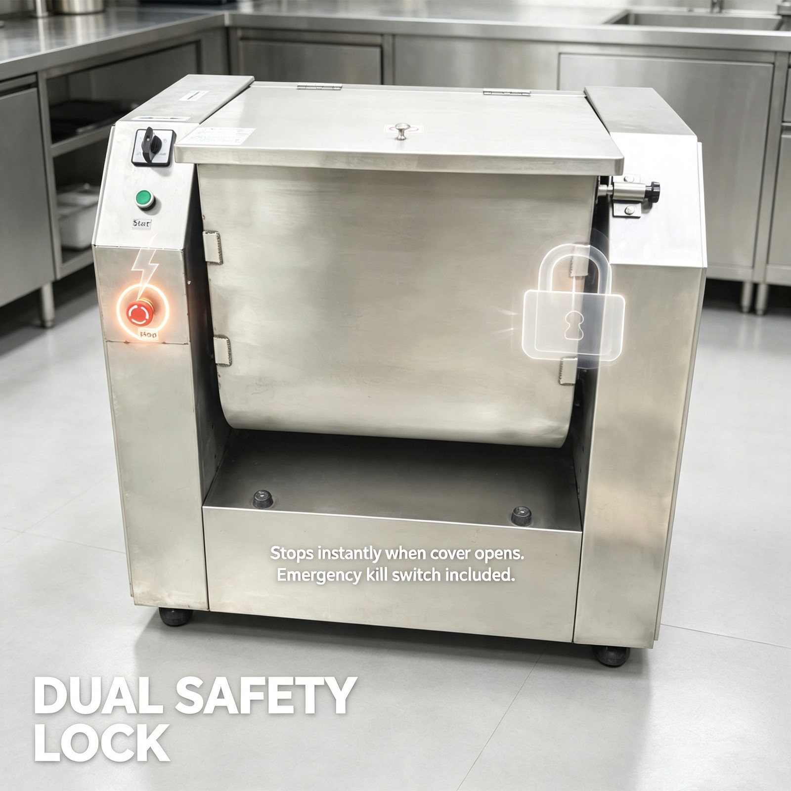 75L Industrial Dough Mixer, 220V 3-Phase, 110.23lb Dry Flour, Auto-Stop Lid, 90°