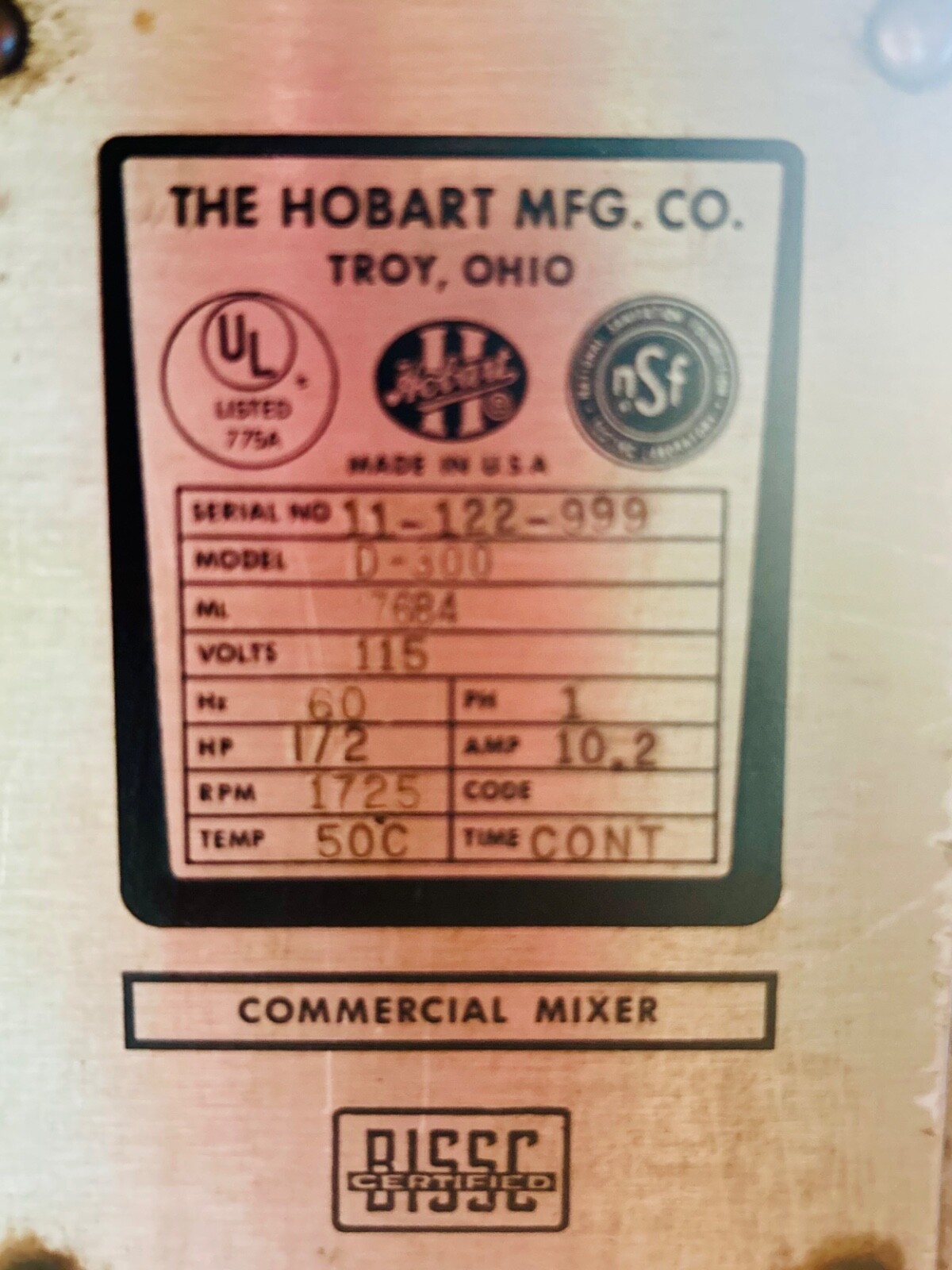 Hobart D300 1/2HP 115V Mixer Bowl with Dough Hook