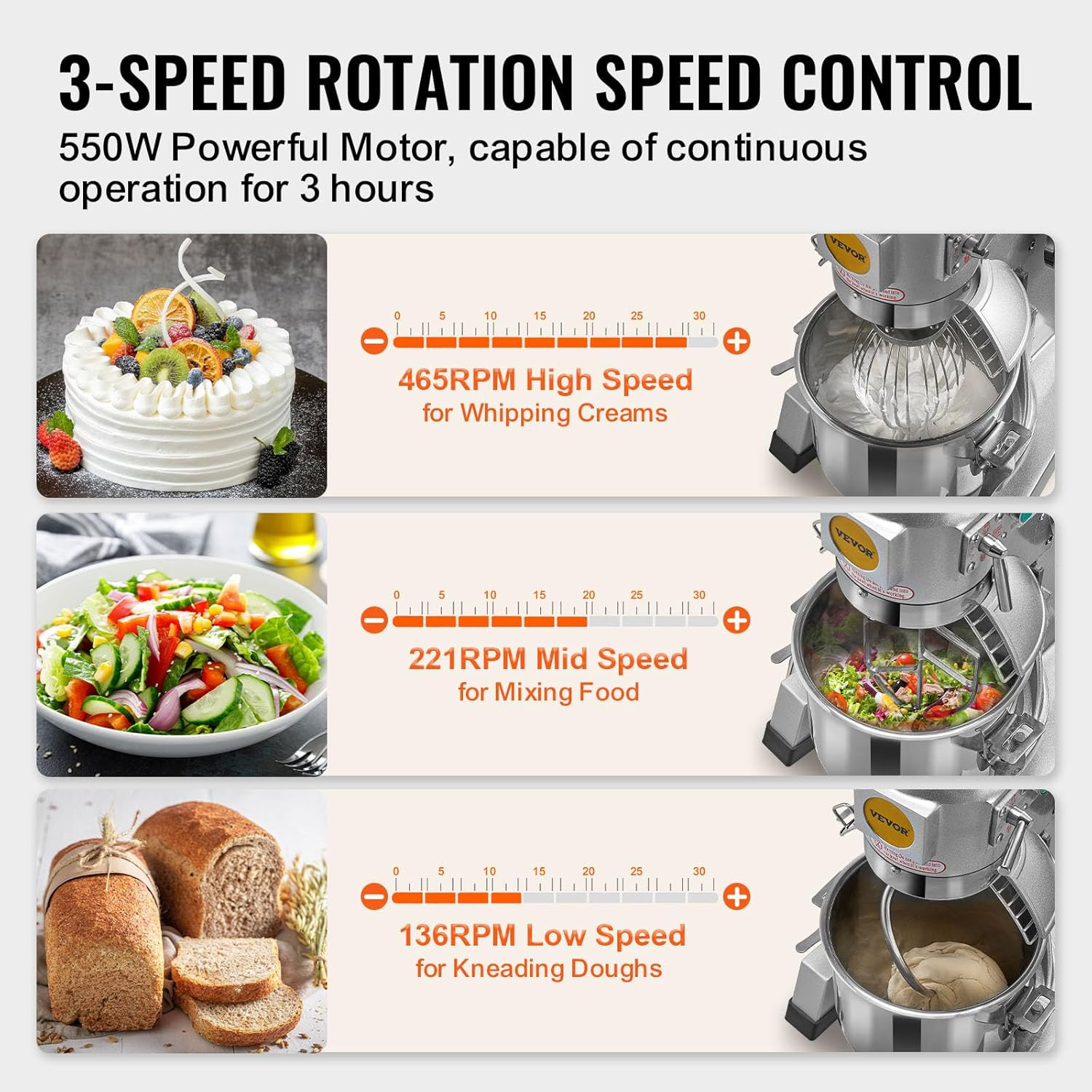 15Qt Commercial Food Mixer with Timer, 500W, 3 Speeds, Dough Hook & Whisk