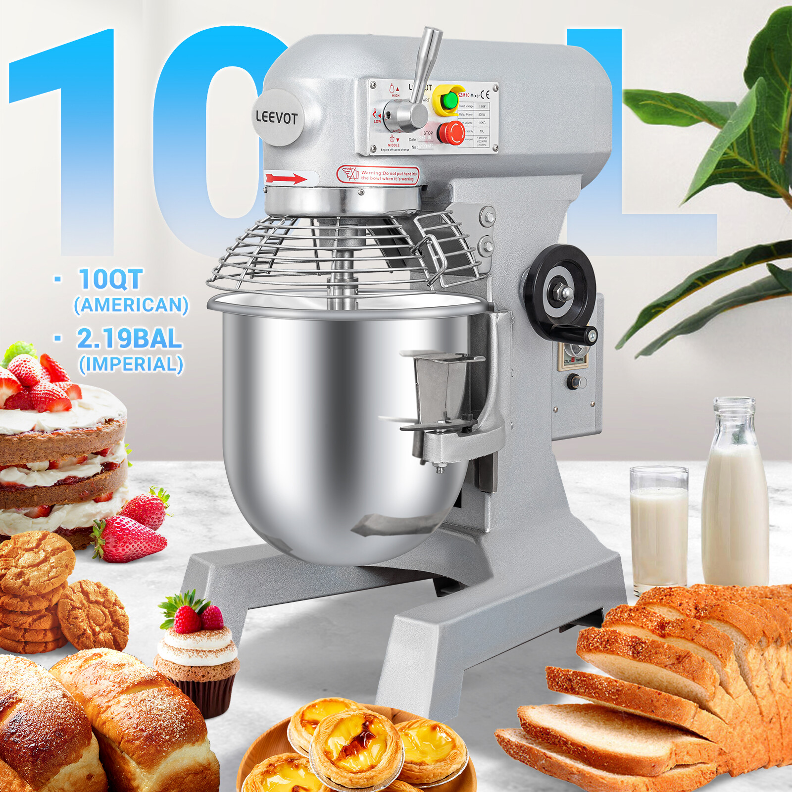 LEEVOT Commercial Electric Food Dough Mixer Food Mixer 3 Speeds Machine 10L-60L