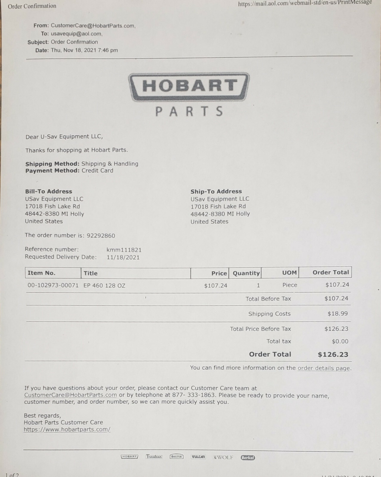 Hobart Mixer Gear Oil Gear Box & Planetary H600 L800 P660 M802 V1401 # 102973