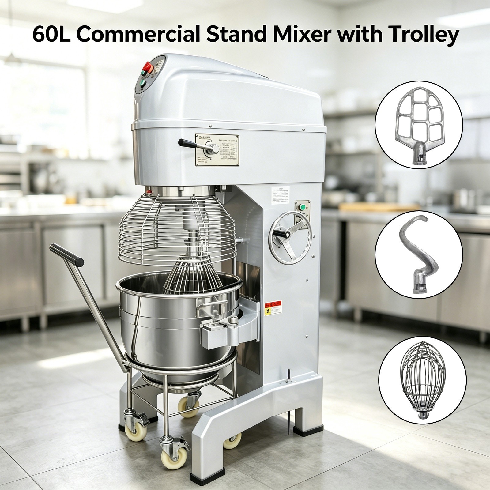 220V 60L Commercial Stand Mixer with Trolley Food Mixer for Dough Egg Stuffing