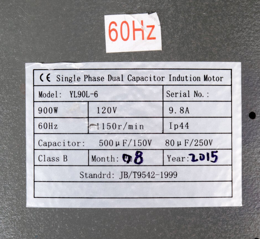 Avantco YL90L-6, JB/T9542-1999, Motor, 120V, 900W, 60HZ, 9.8A