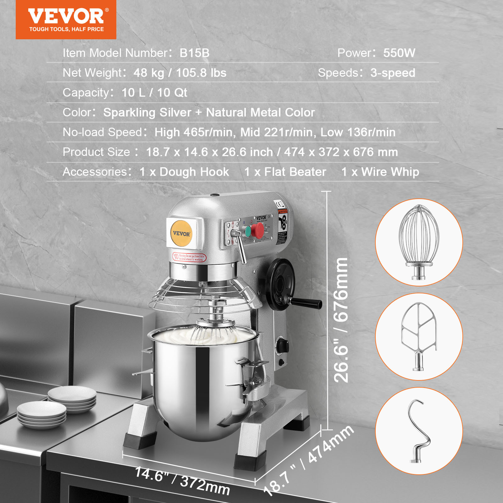 VEVOR Commercial Electric Food Mixer Stand Mixer 15Qt Dough Mixer 3 Speeds 550W