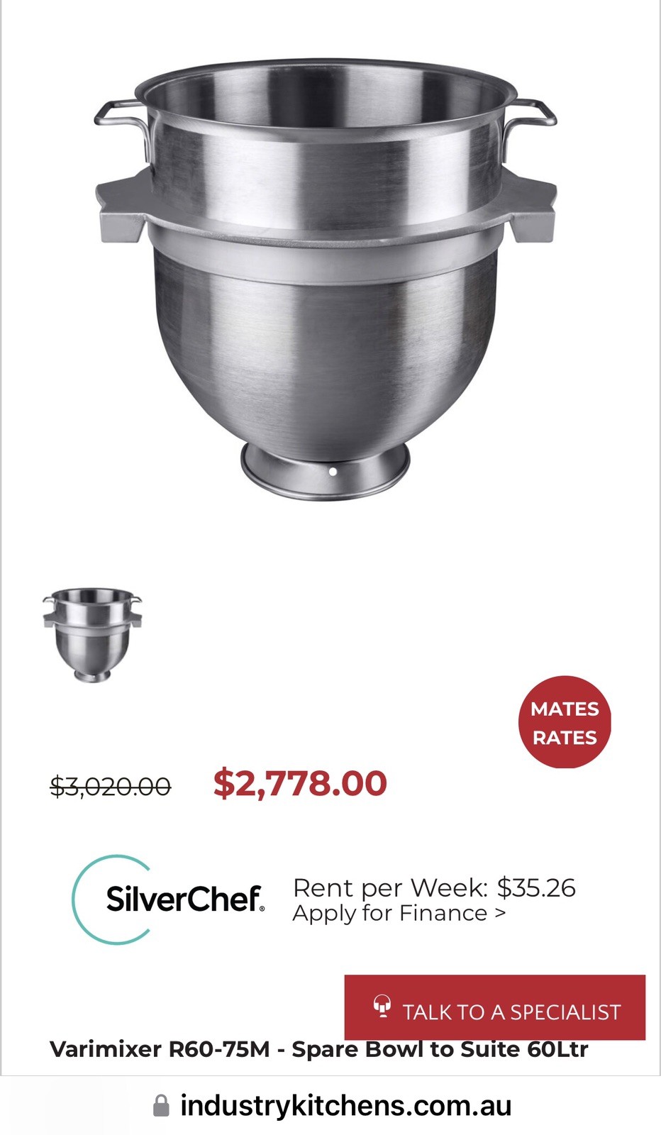Varimixer Welbilt Stainless Steel Bowl R60 75M for W60 Mixer
