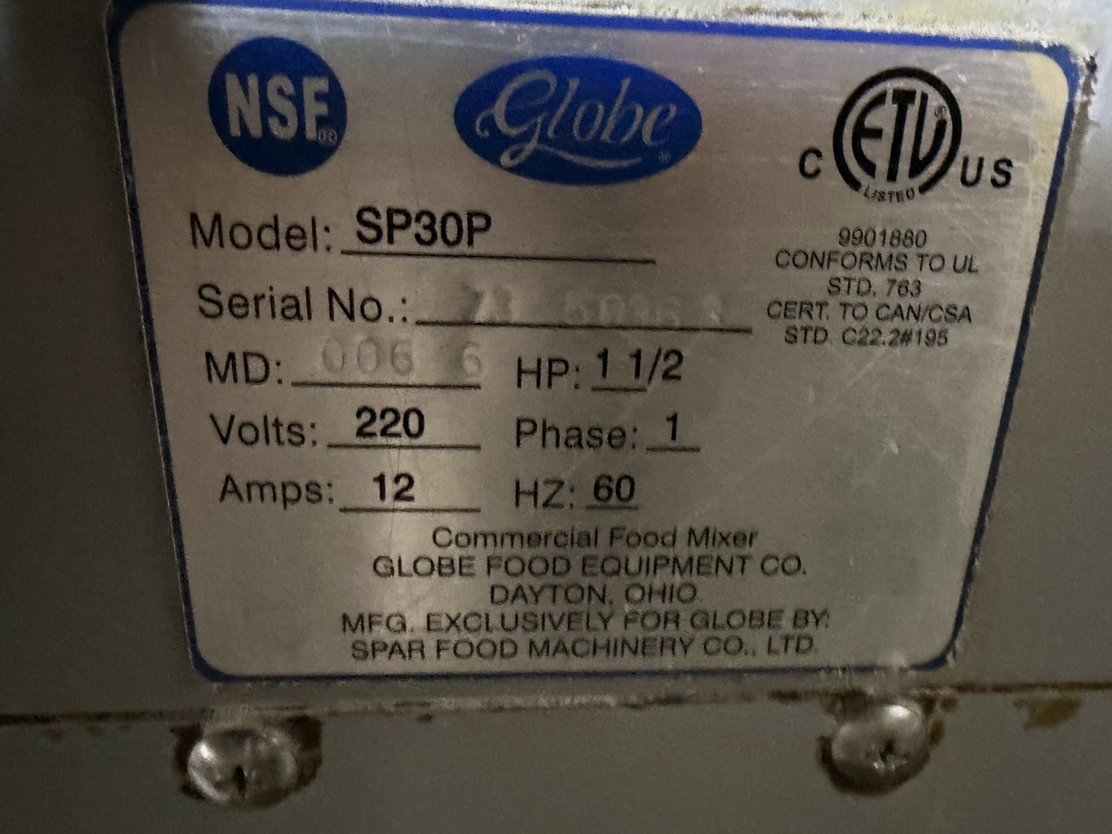 Globe SP30P 30 Quart Planetary Mixer 1.5 HP Commercial 3 Speed 1Ph 220v 12A