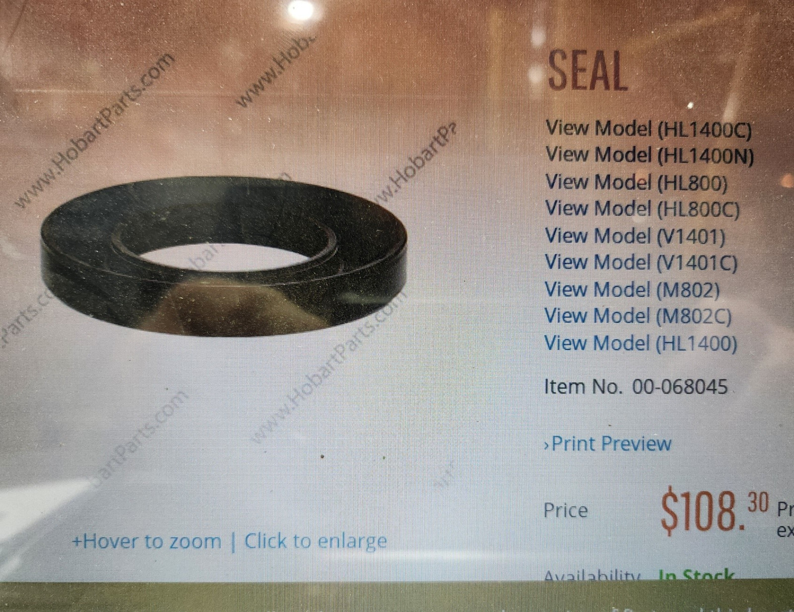 Planetary Oil Seal Hobart Legacy HL1400 Mixer # 00-068045 and V1401 140qt same