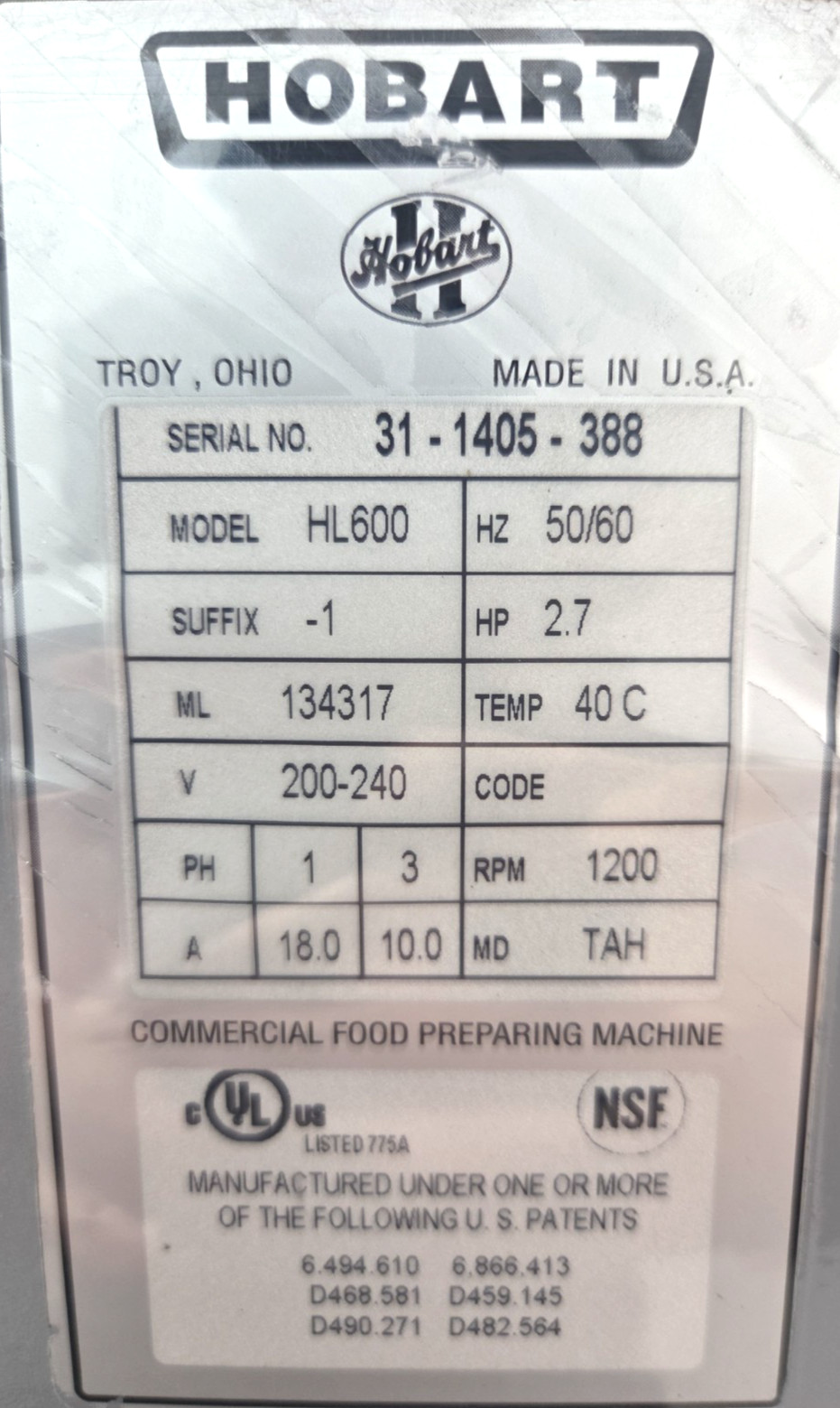 HOBART HL600 Legacy 60QT Mixer W/ Bowl, Hook, 2.7HP – 1 or 3PH – Watch Video!