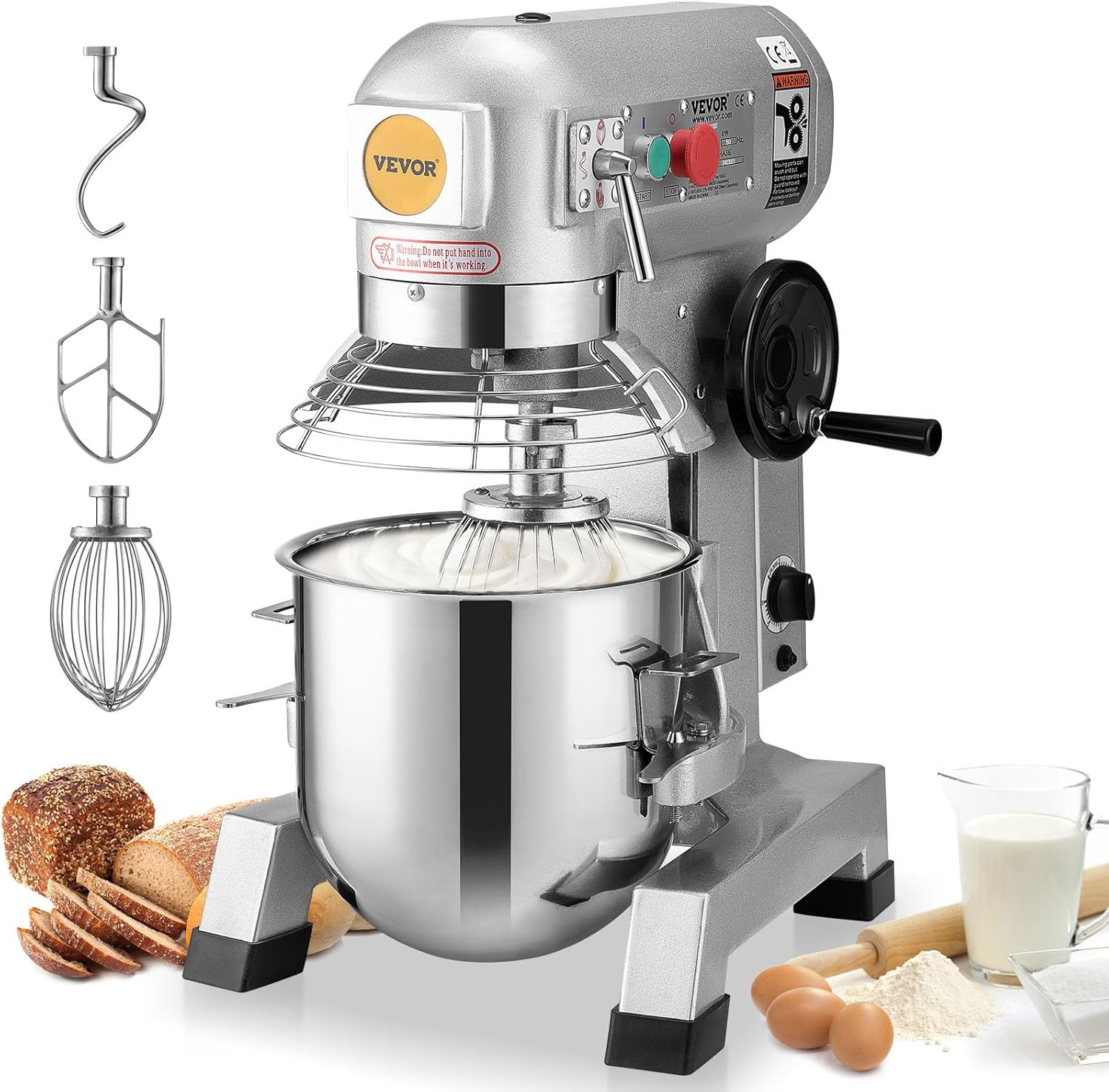 15Qt Commercial Food Mixer with Timer, 500W, 3 Speeds, Dough Hook & Whisk