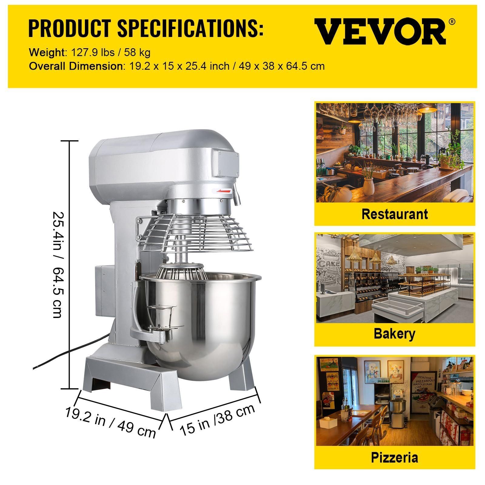 15QT Commercial Mixer 600W 3-Speed Adjustable with Stainless Steel Bowl