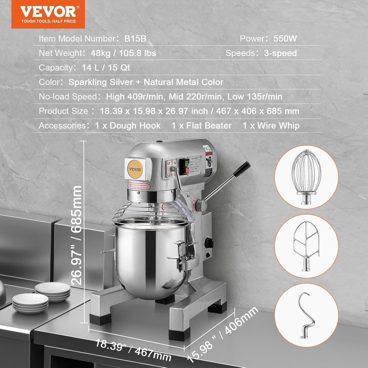 Professional 15Qt Stand Mixer – 550W Dough Mixer with Stainless Steel Bowl
