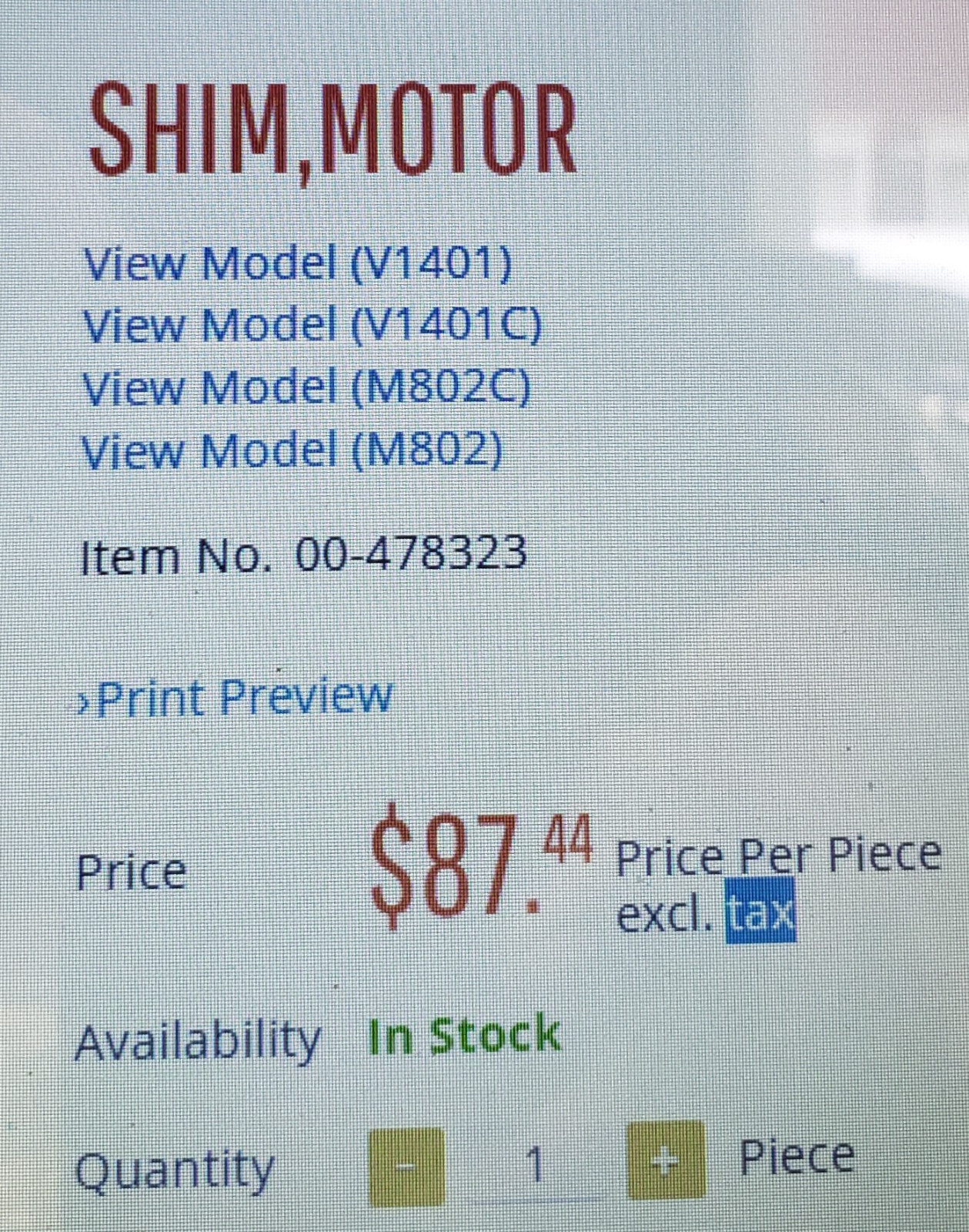 M802 80qt V1401 140qt #00-478323 motor shim good used see pictures OEM 478323