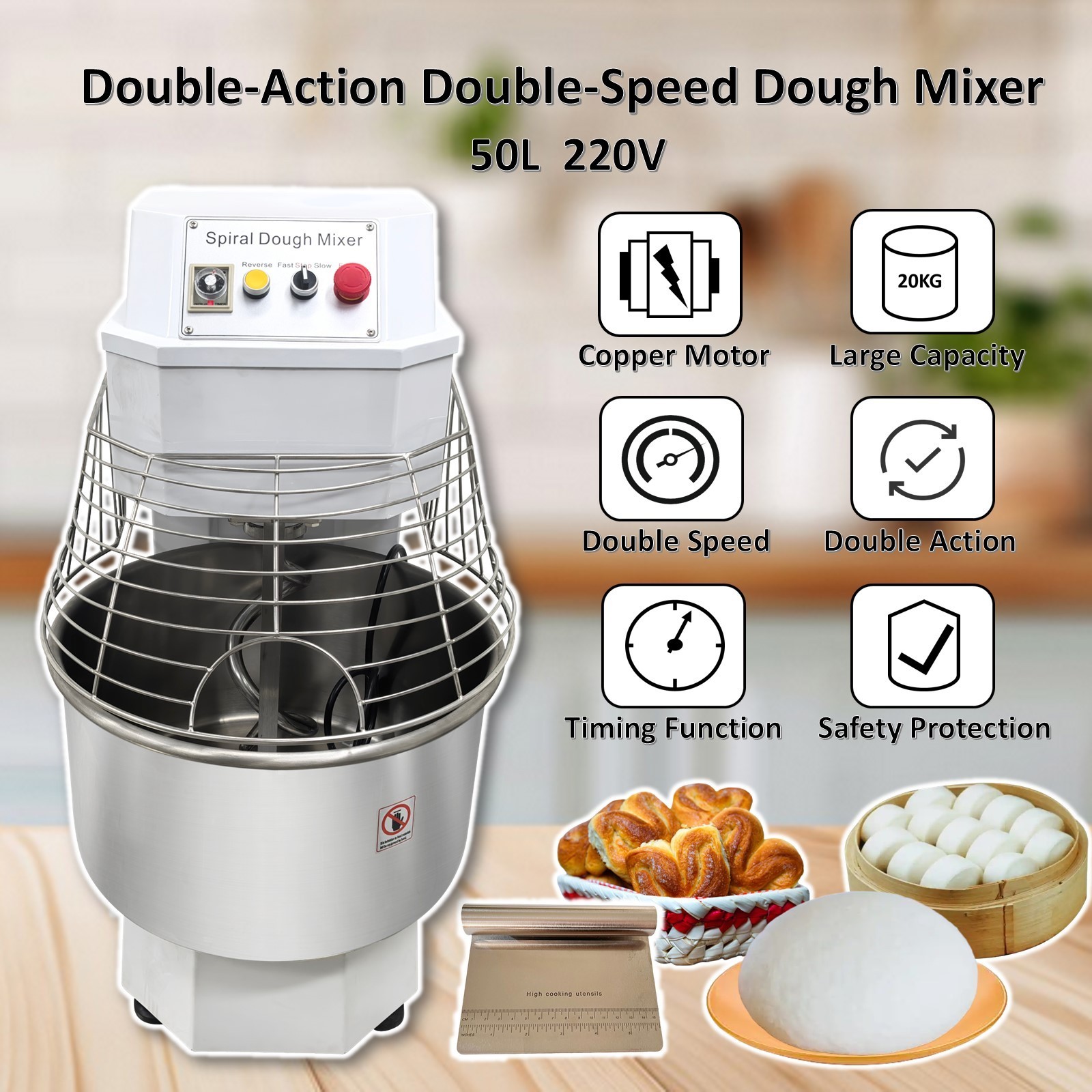 50L Commercial Dough Mixer 220V Double Action Double Speed Spiral Flour Mixer US