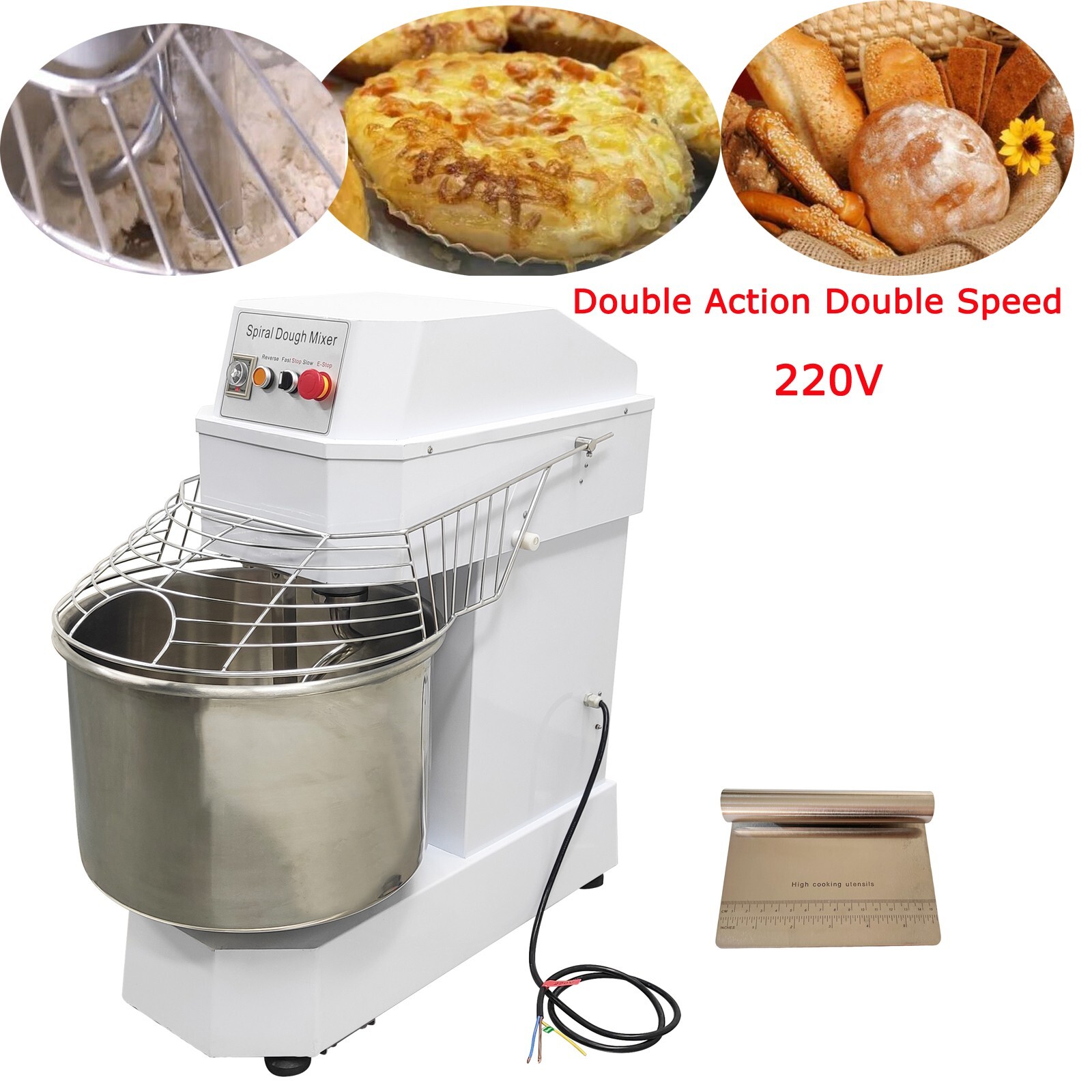 60QT Commercial Spiral Dough Mixer,220V Electric Pizzeria Dough Kneading Machine