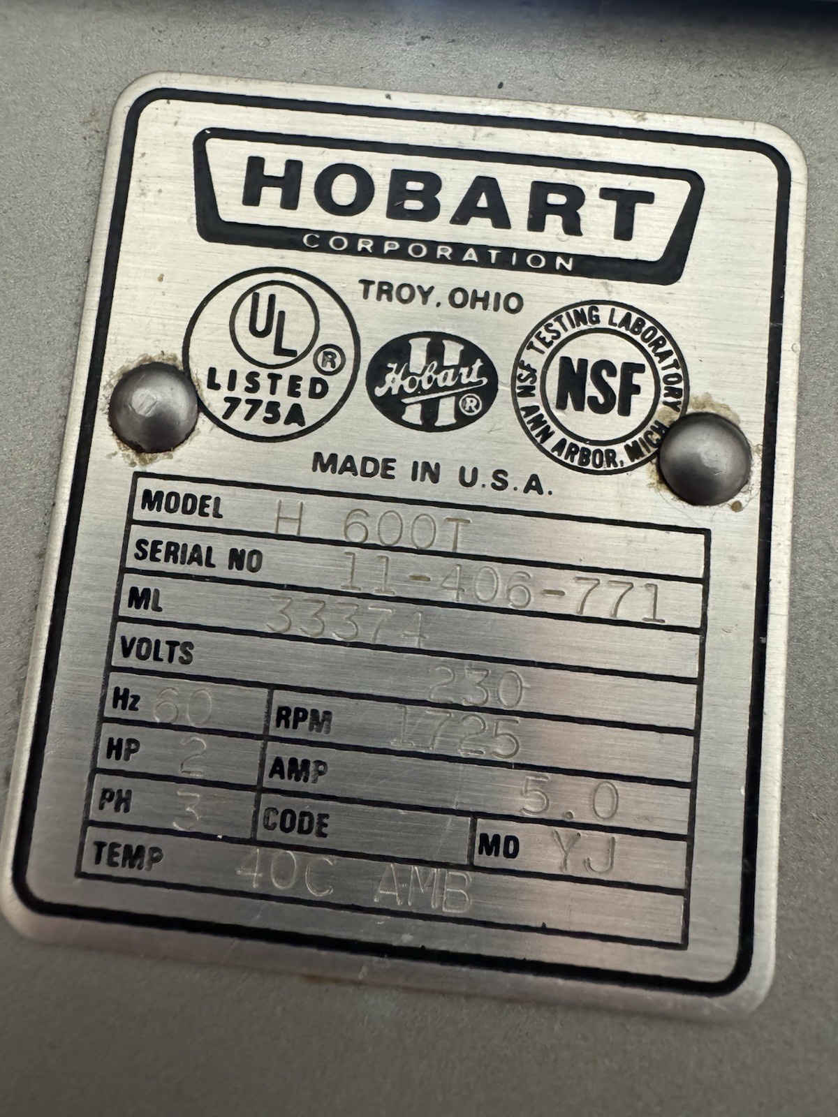 HOBART H600T COMMERCIAL 60 QT BAKERY DOUGH MIXER W/ BOWL, WHISK, HOOK and PADDLE