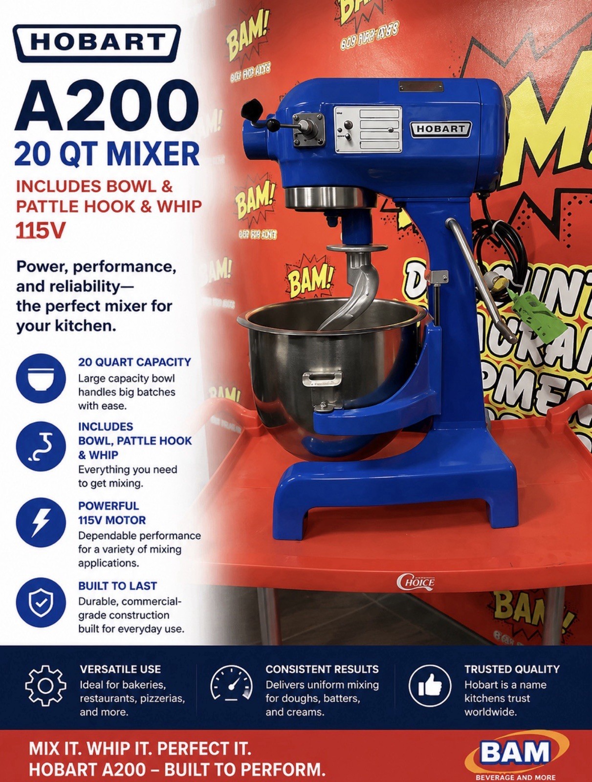 HOBART A 200 20 QT Mixer Includes Bowl & Pattle Hook & Whip 115V