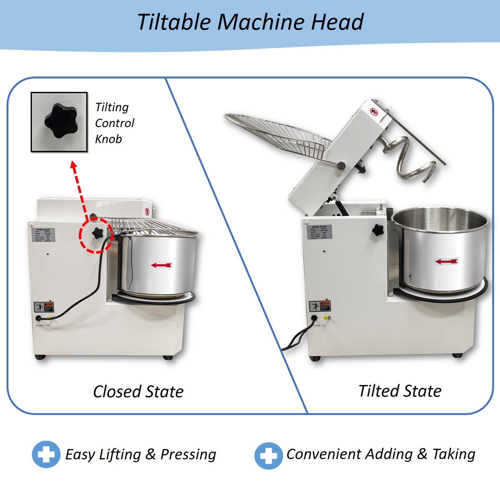 30L Commercial Food Mixer Machine 110V Spiral Dough Mixer with Detachable Bucket