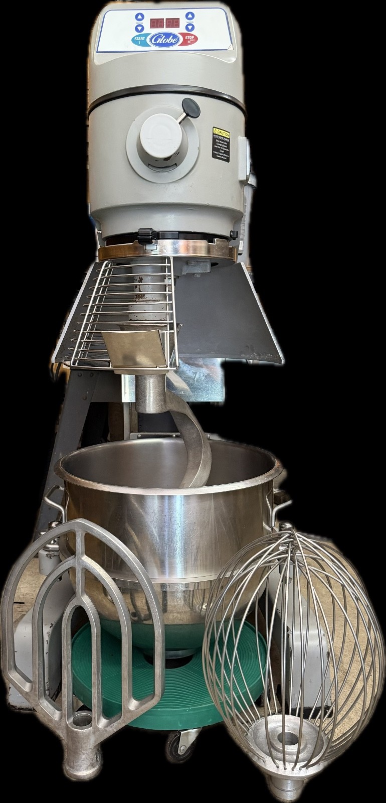 Commercial Globe SP40 40 Qt. bakery, dough Mixer with Guard, paddle, and whip.