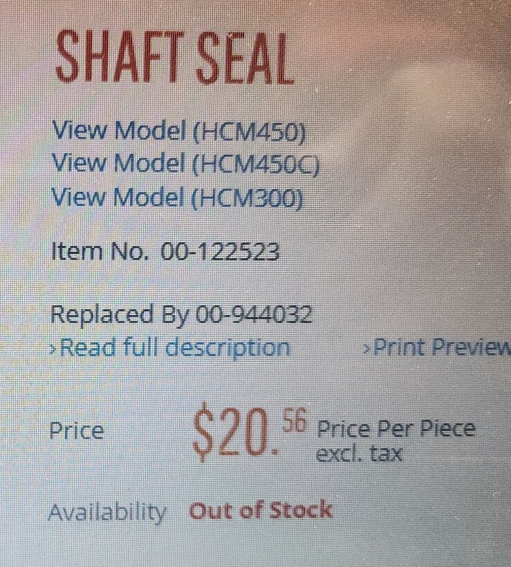 Hobart HCM 300 & HCM 450 Motor Shaft Seal # 122523 and 944032 old & new number