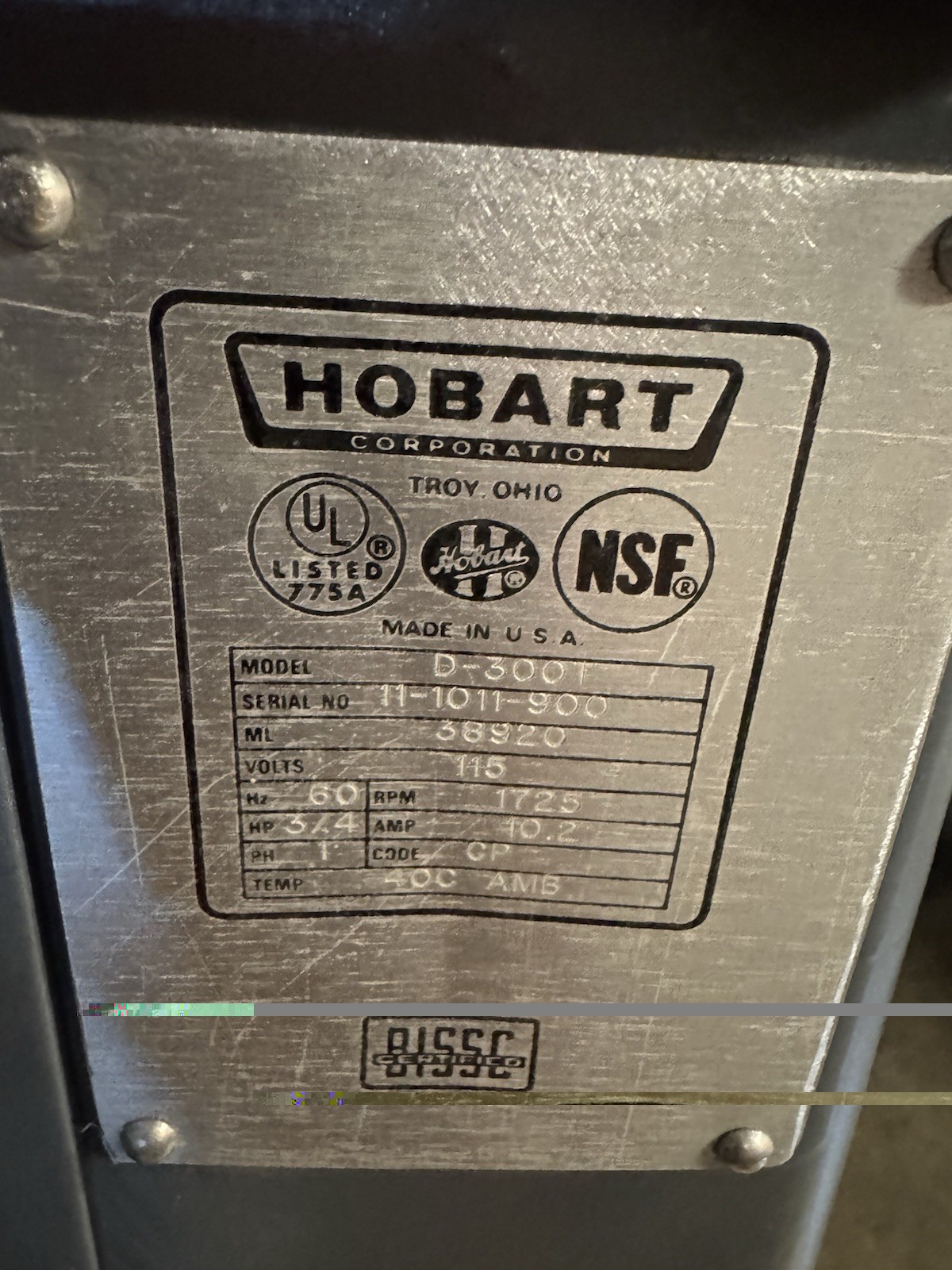 HOBART D300T 30qt Bakery Pizza Dough Mixer + Stainless Bowl/Hook *Refurbished*