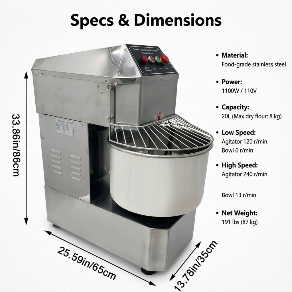 Easy Clean 20L Commercial Dough Mixer 110V All Stainless Double Speed Kneader