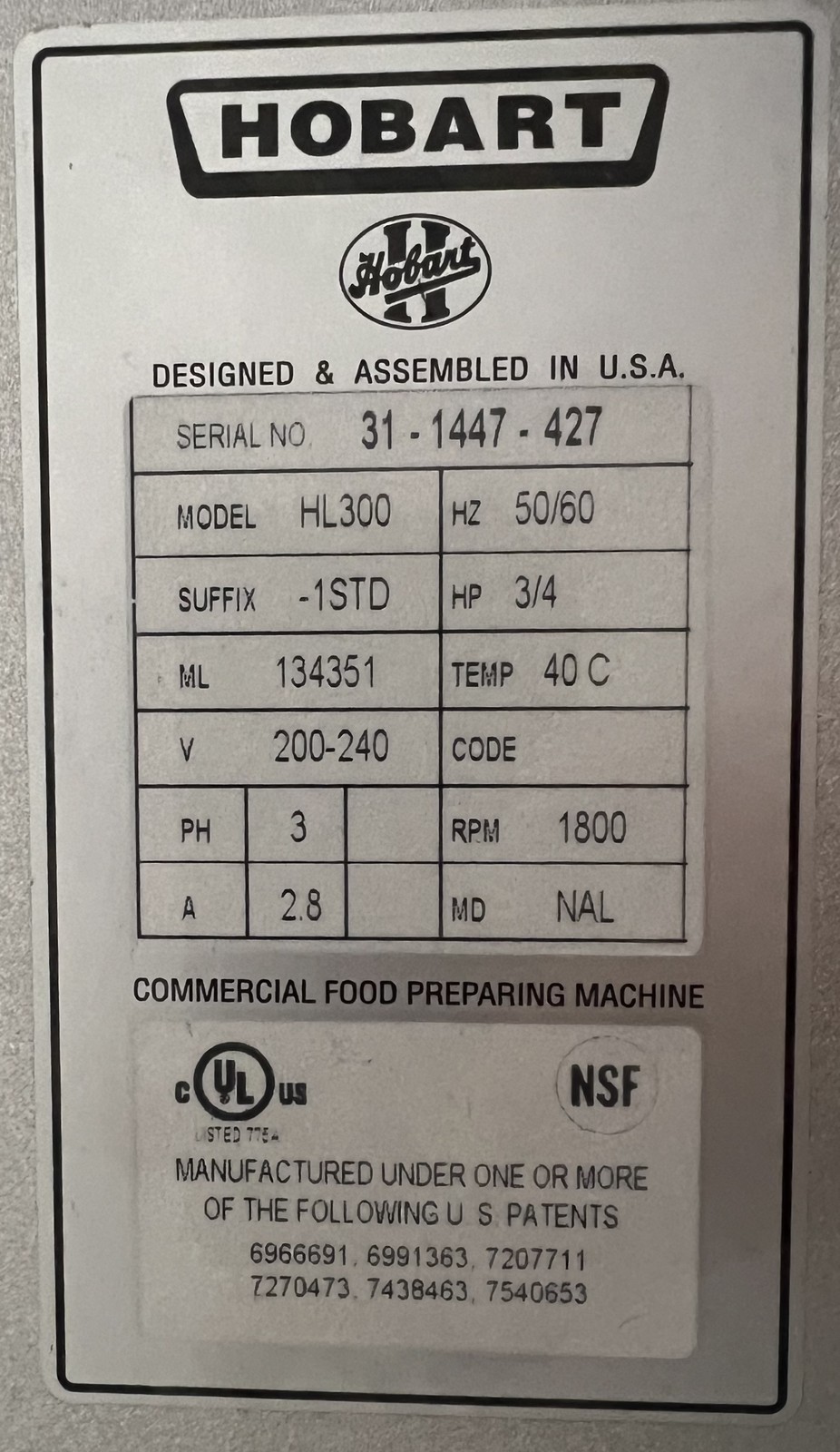 Hobart HL300 Legacy Commercial 30-Quart Planetary Floor Mixer 208/230V 3ph 3/4hp