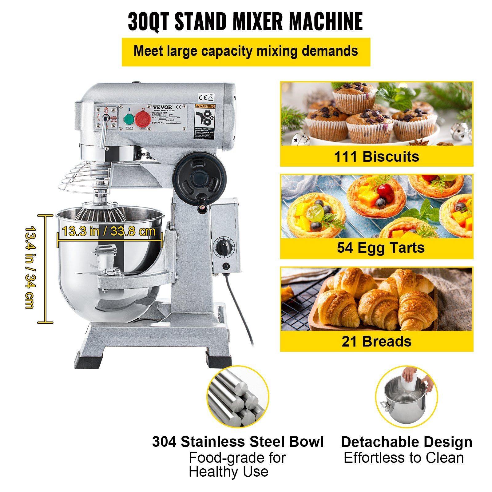 30Qt 1100W 3-Speed 108/199/382 RPM Food Mixer with Timer & Stainless Bowl