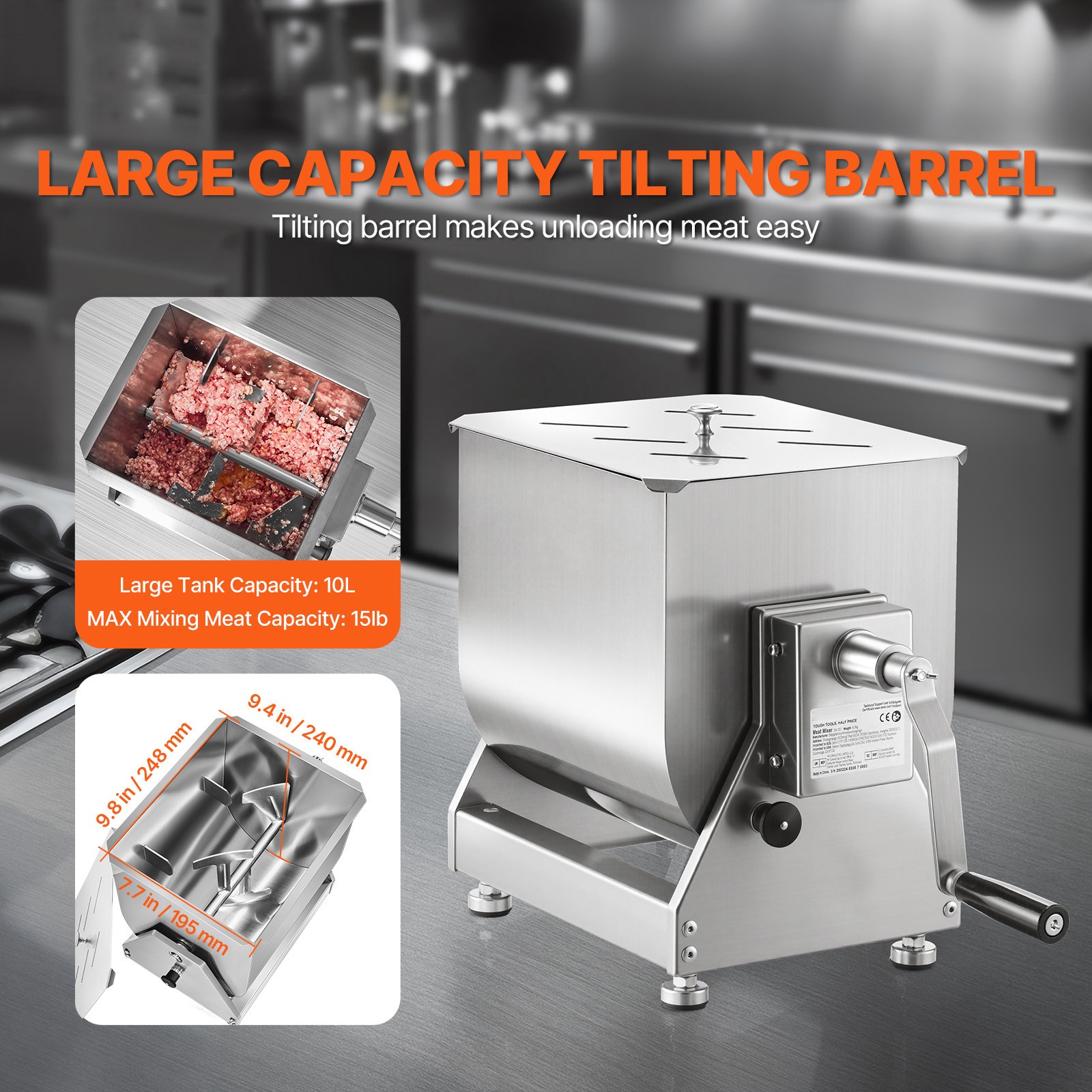 Uimoso Manual Meat Mixer 10L Tilt Tank Mixing Max 15LB for Meat Sausage Mixer