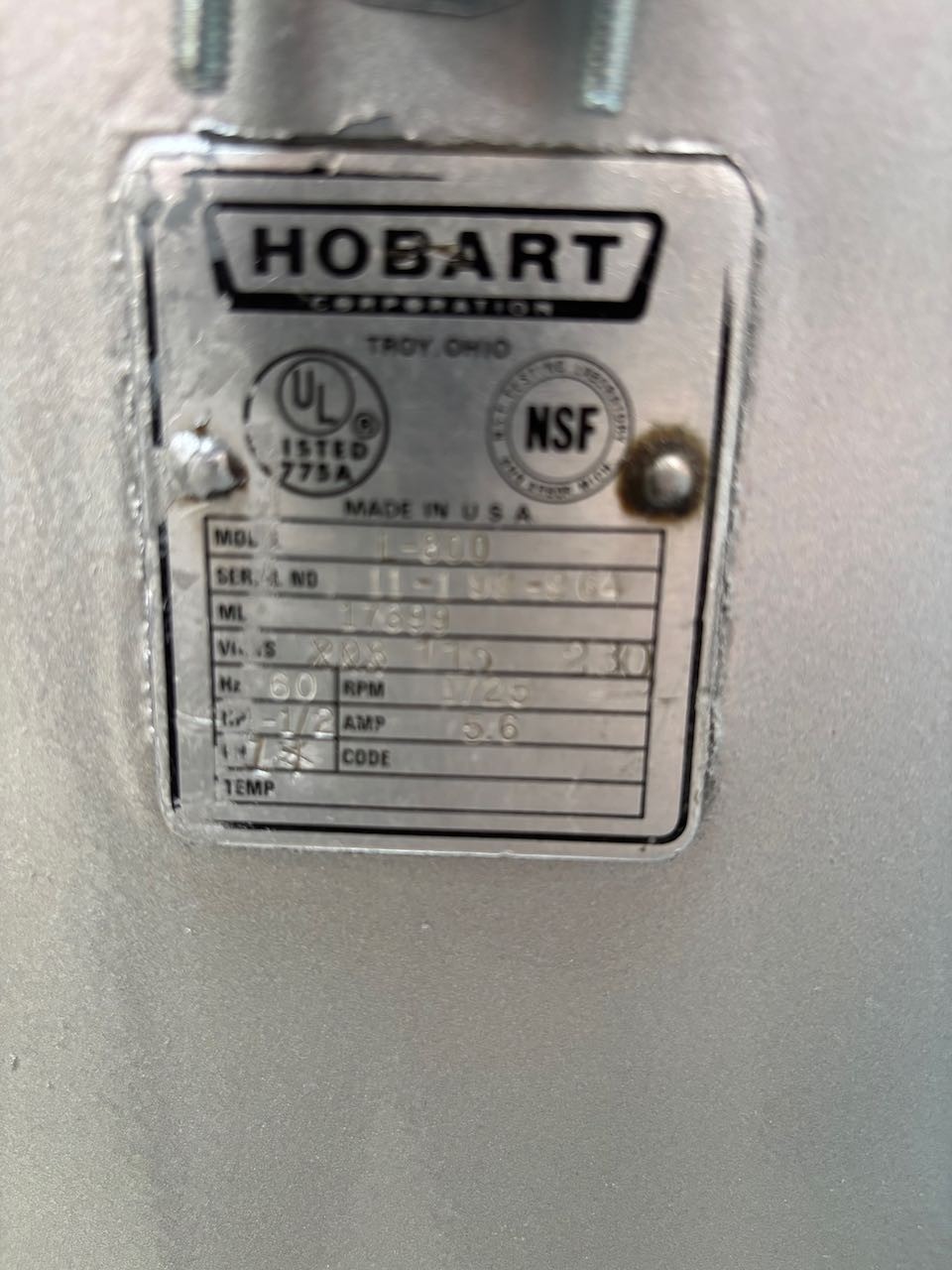 80 Quart Hobart Mixer L-800T Timer Bowl Guard 3 Attachments 200V 2 HP 1PH Qt NSF
