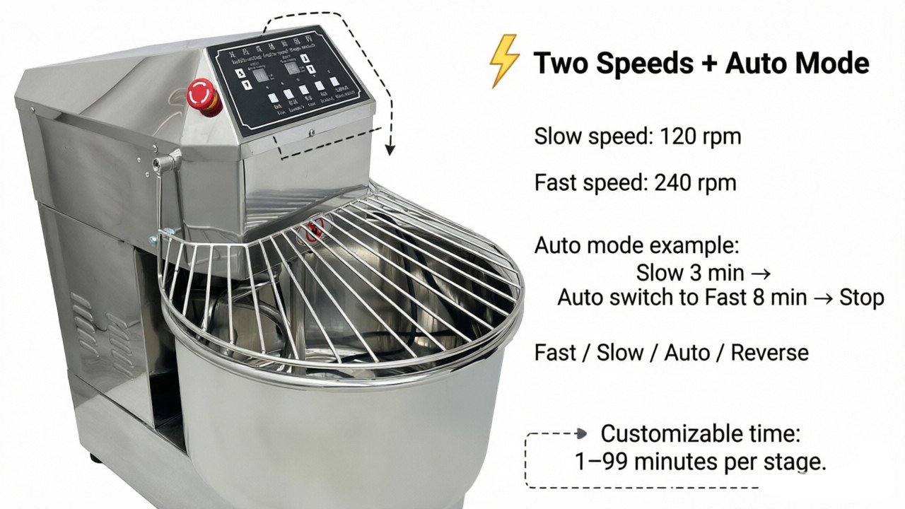 50QT Dual Speed Spiral Mixer 110V Variable Frequency Dough Kneading Machine