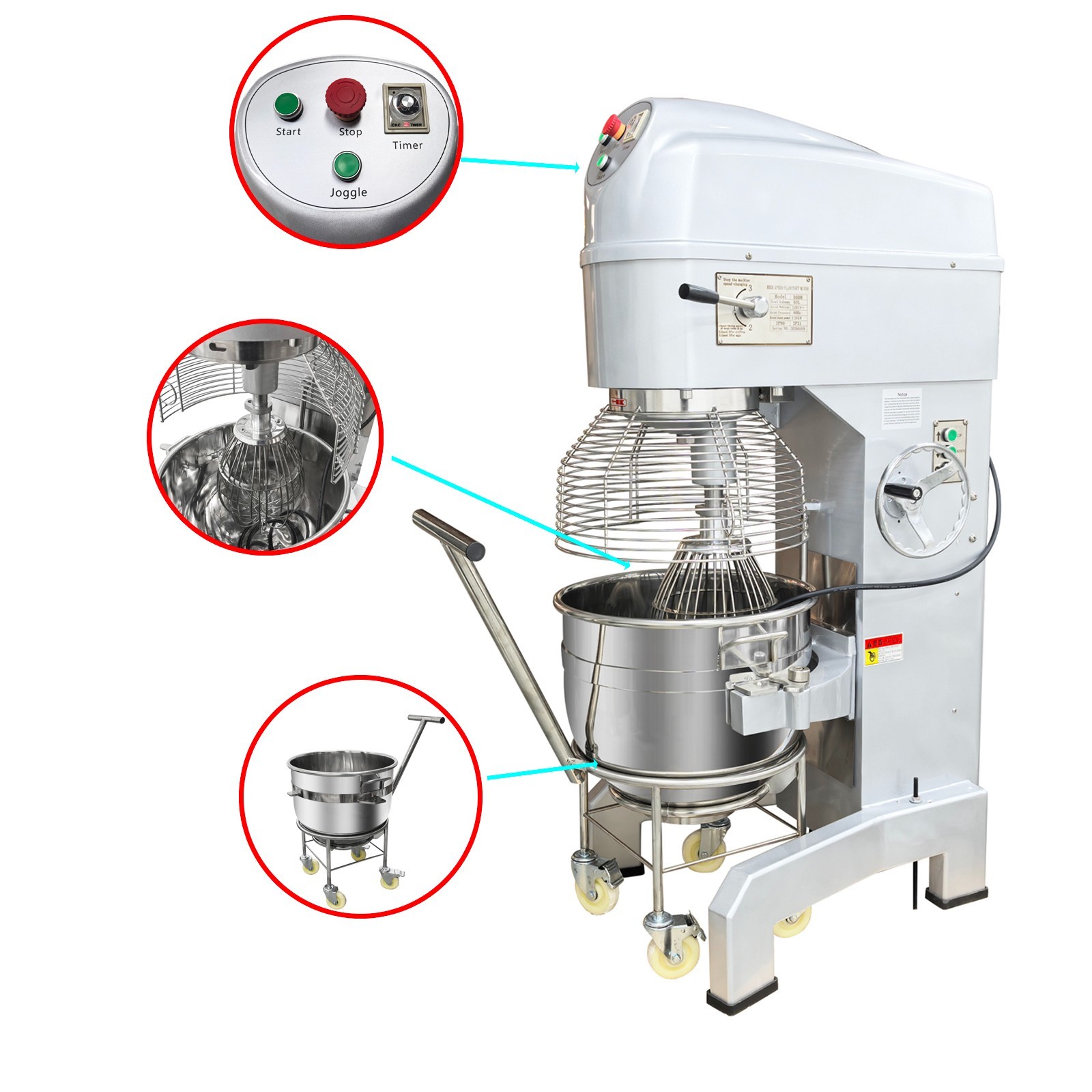 60L Stand Mixer with Trolley Commercial Dough Mixer 220V Multifunctional 3-Phase
