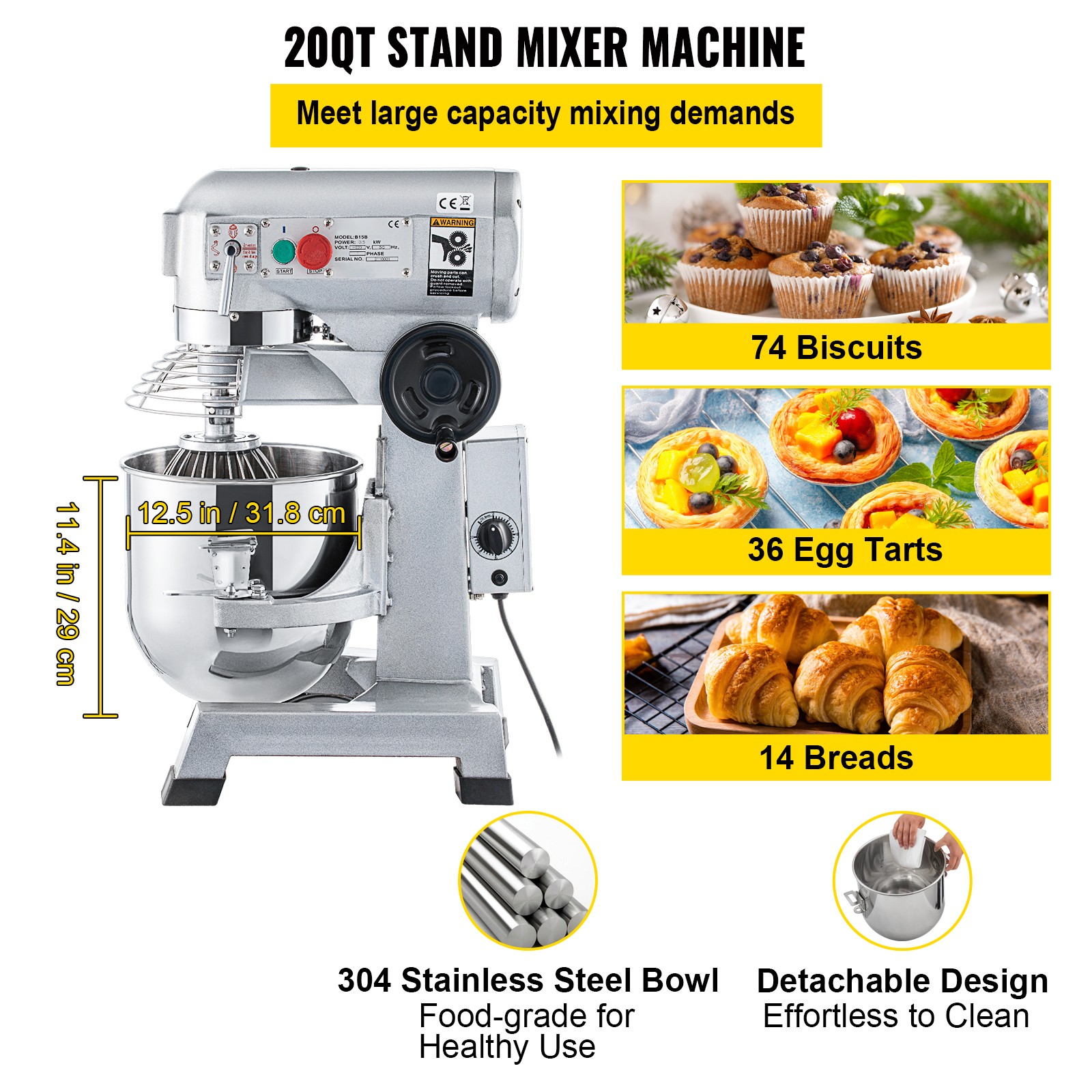 Uimoso Commercial Electric Food Mixer Stand Mixer 20Qt Dough Mixer 3 Speeds 750W
