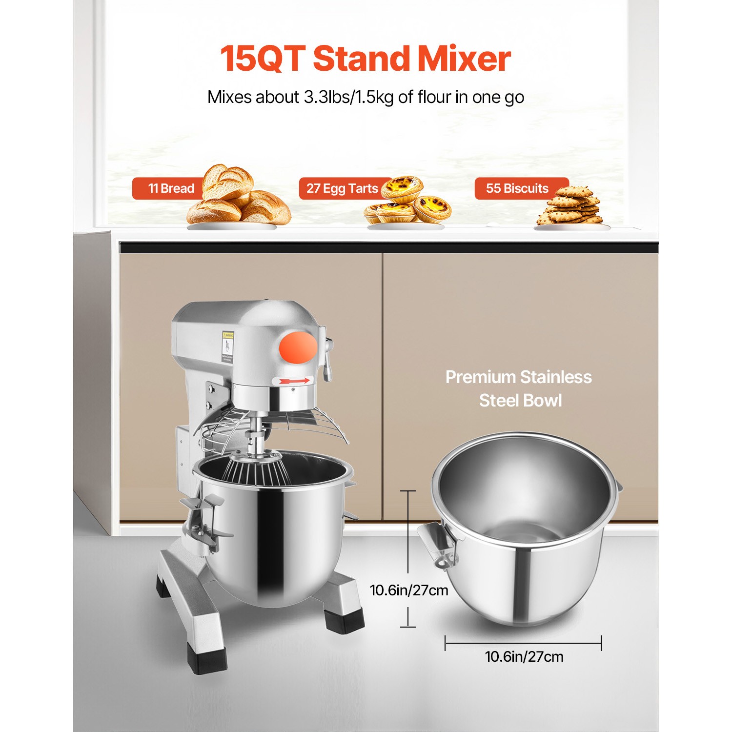 VEVOR Commercial Food Mixer Electric Dough Mixer 15Qt 3 Speeds Pizza Bakery 600W