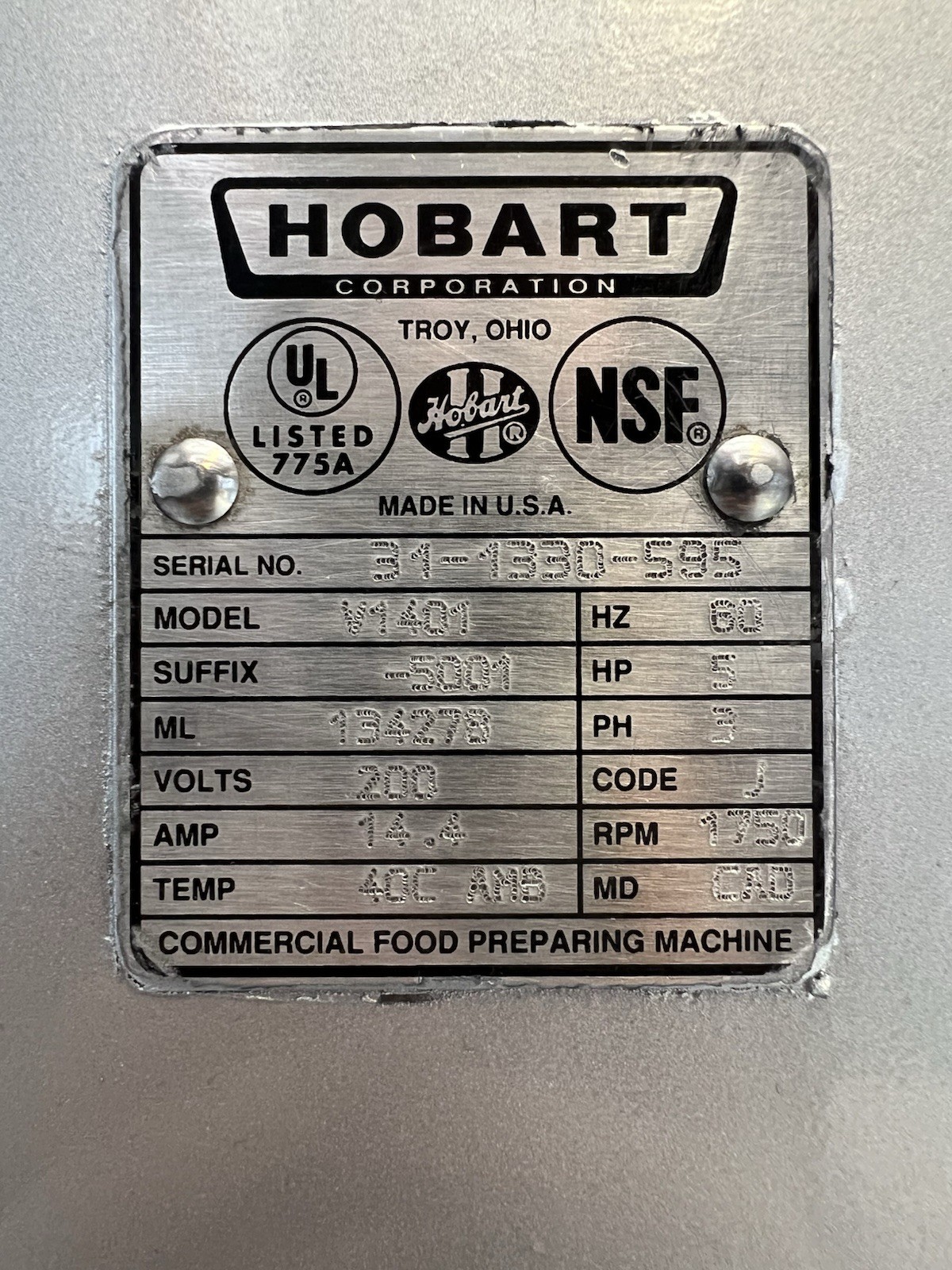 V1401 Hobart 140 qt Bakery Dough Mixer 3 Phase