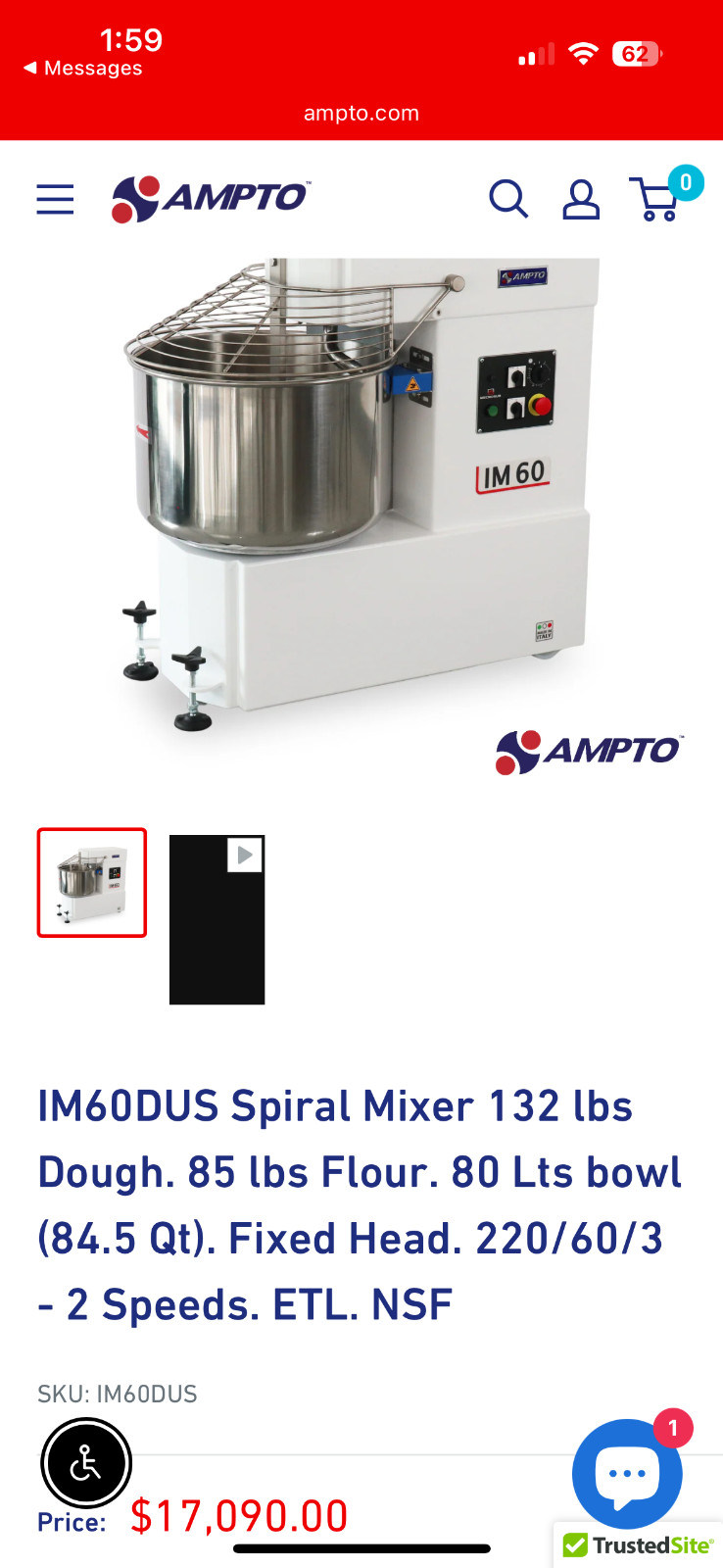 IM60DUS Spiral Mixer 132 lbs Dough. 85 lbs Flour. 80 Lts bowl (84.5 Qt). Fixed H
