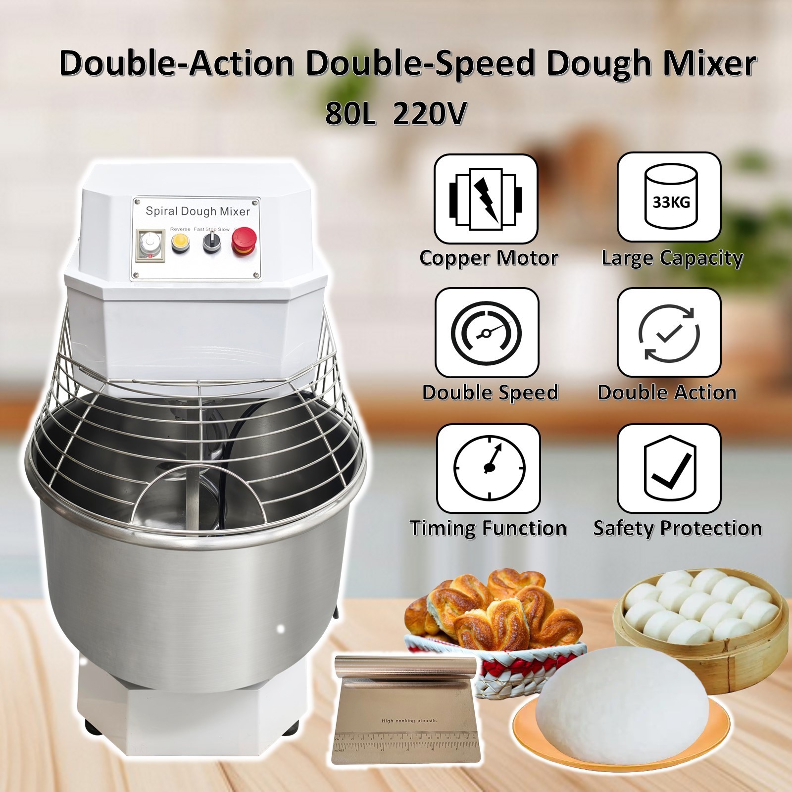 80L/72 lbs Double-acting Double-speed Dough Mixer Machine 220V Three-phase