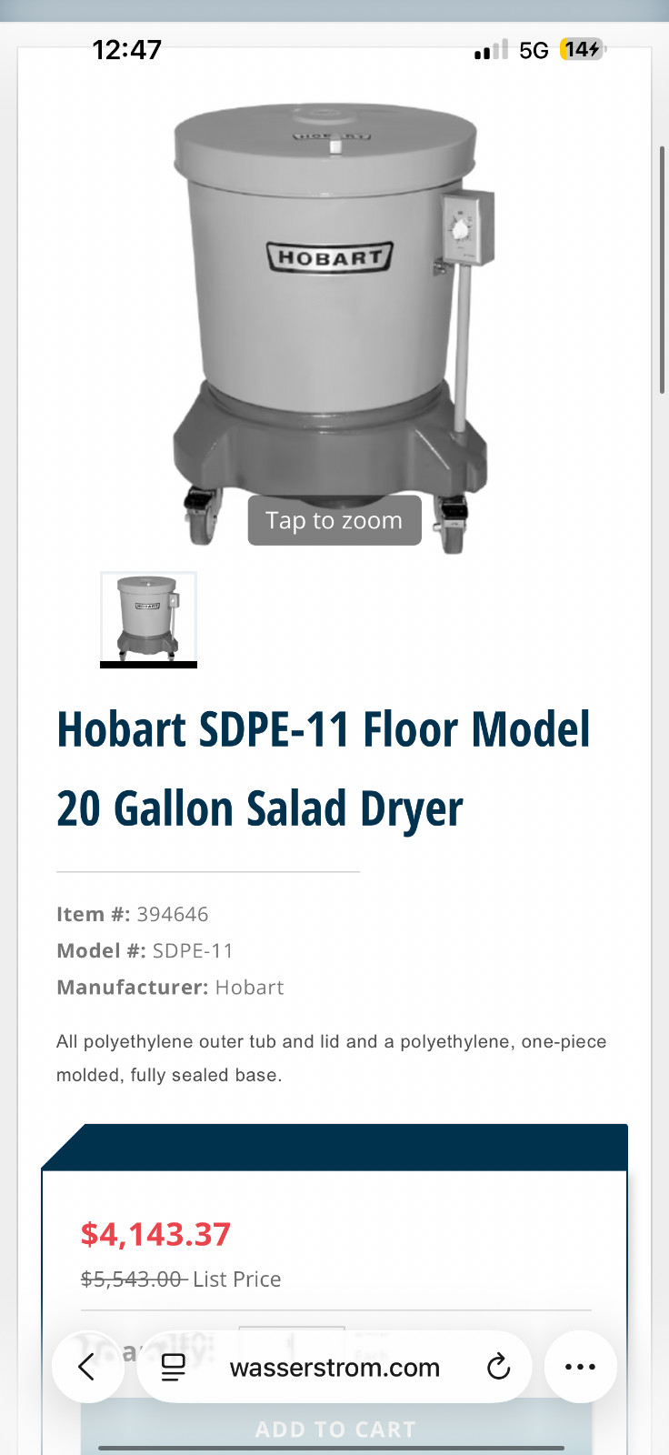 Hobart model SDPE 1/4 hp commercial food preparing machine with handheld drainer