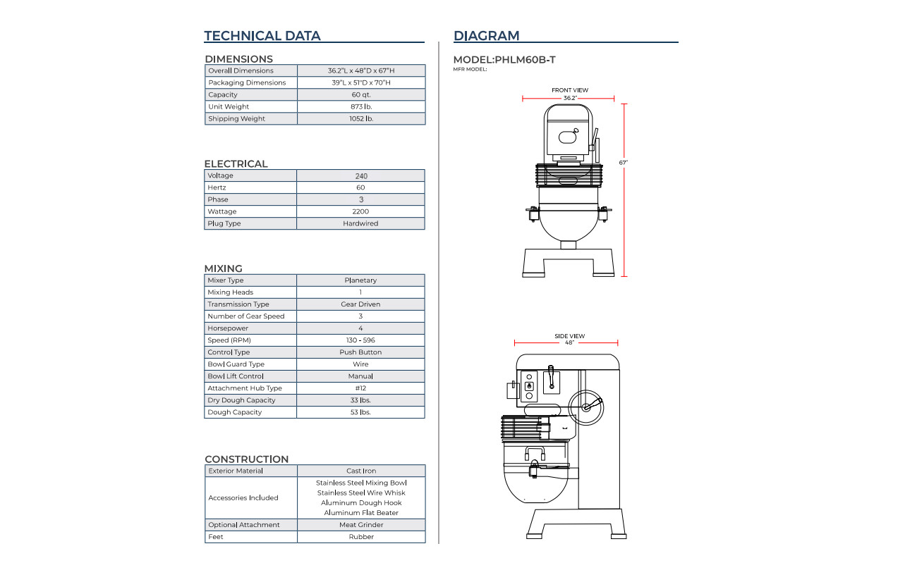 Prepline PHLM60B-T 60 Qt. Heavy Duty Gear Driven Planetary Mixer with Timer