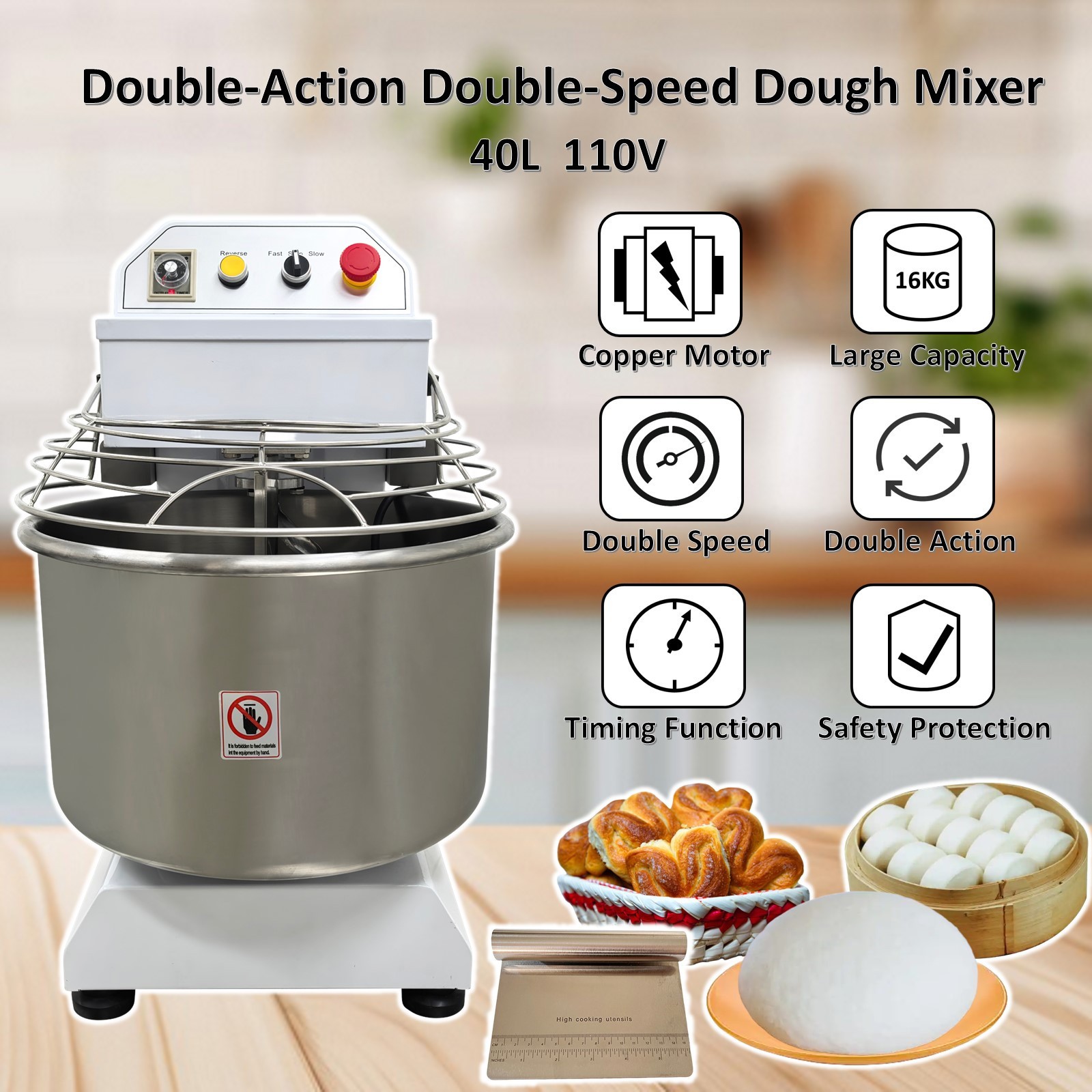 40L S/S Double-Acting Double-Speed Dough Mixer No Plug w Random Timing E-Stop