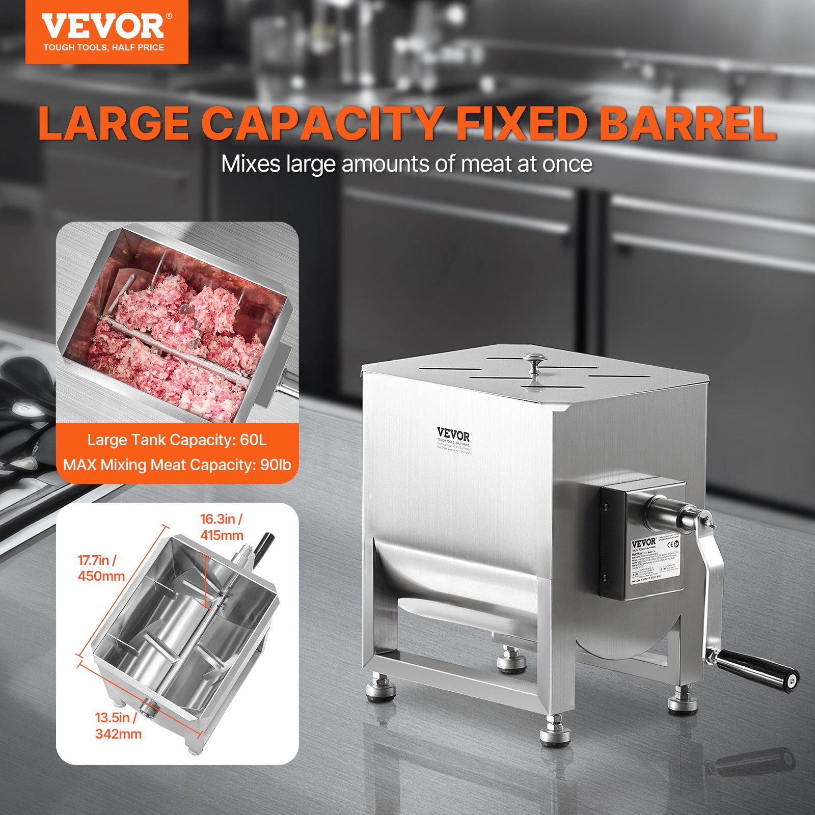 VEVOR Manual Meat Mixer Fixed Tank Mixing Max 120LB for Meat Sausage Mixer