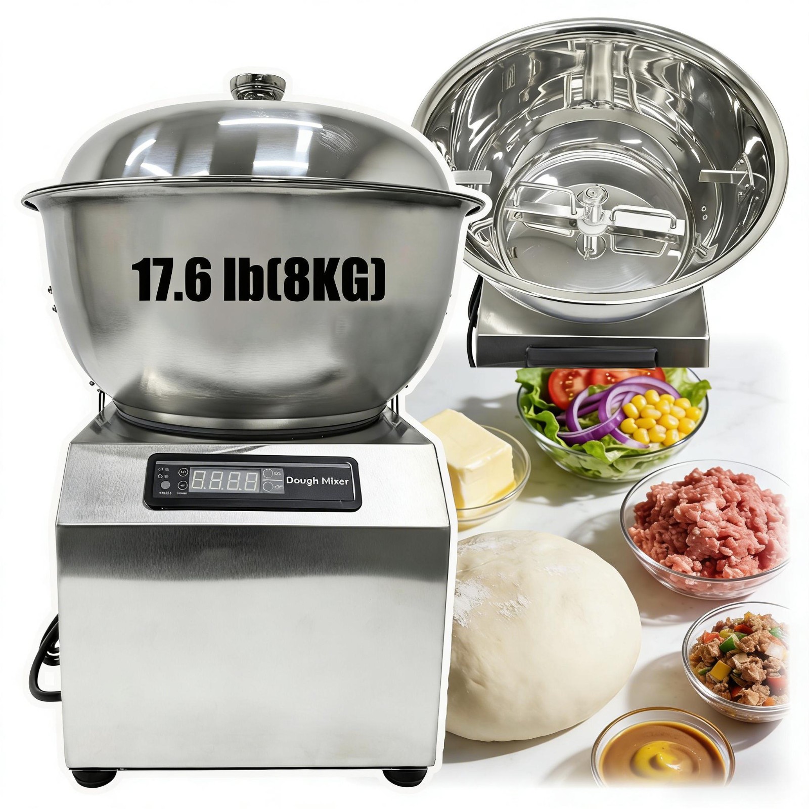17.6 lb Stainless Steel Bowl Lift Dough Mixer for Dough, Butter, Meat & Salads